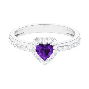 Heart Shape Amethyst and Diamond Halo Engagement Ring