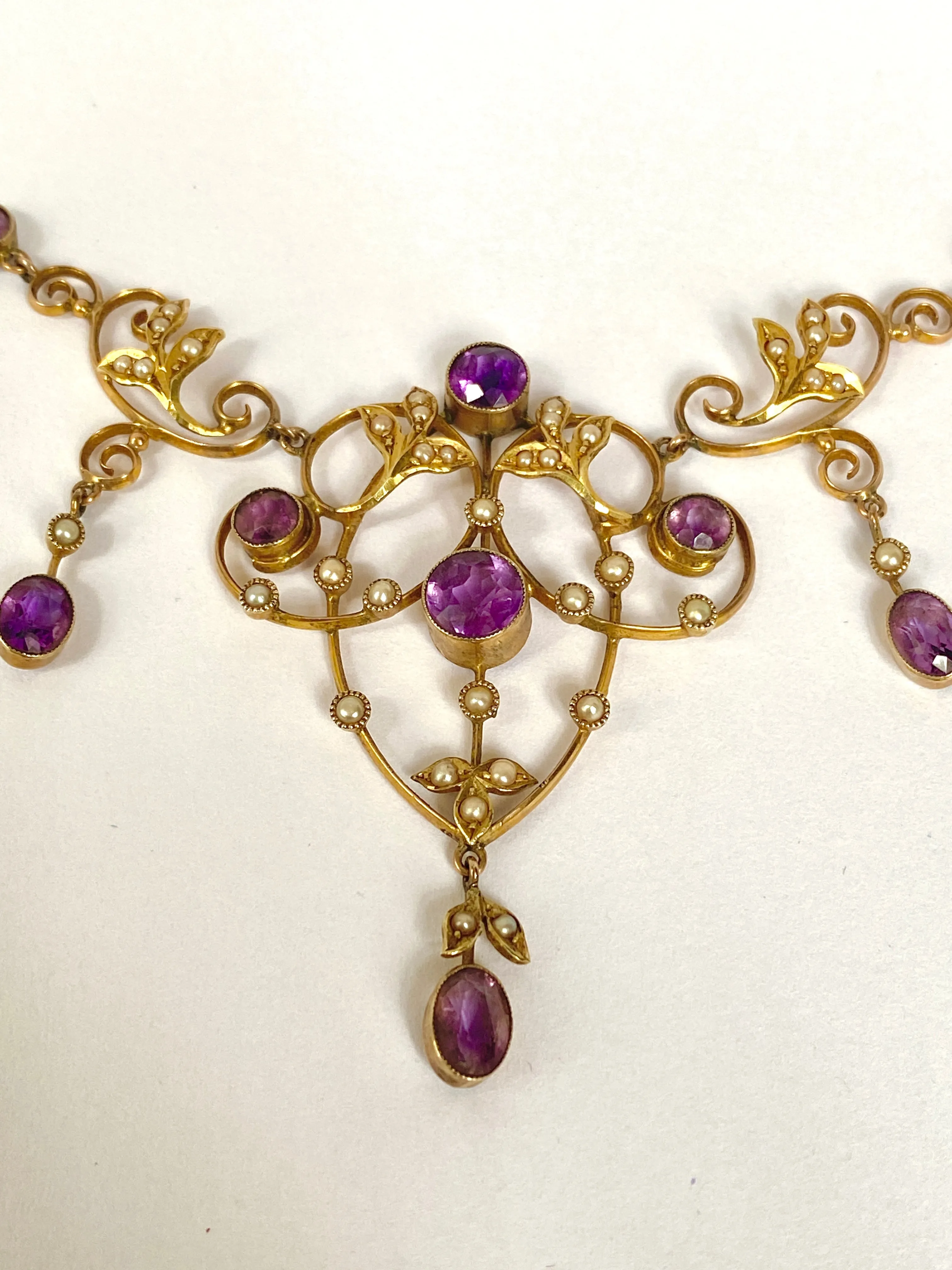 Incredible Antique, 9ct Gold, Amethyst and Seed Pearl Lavalier Pendant and 9ct Gold Chain