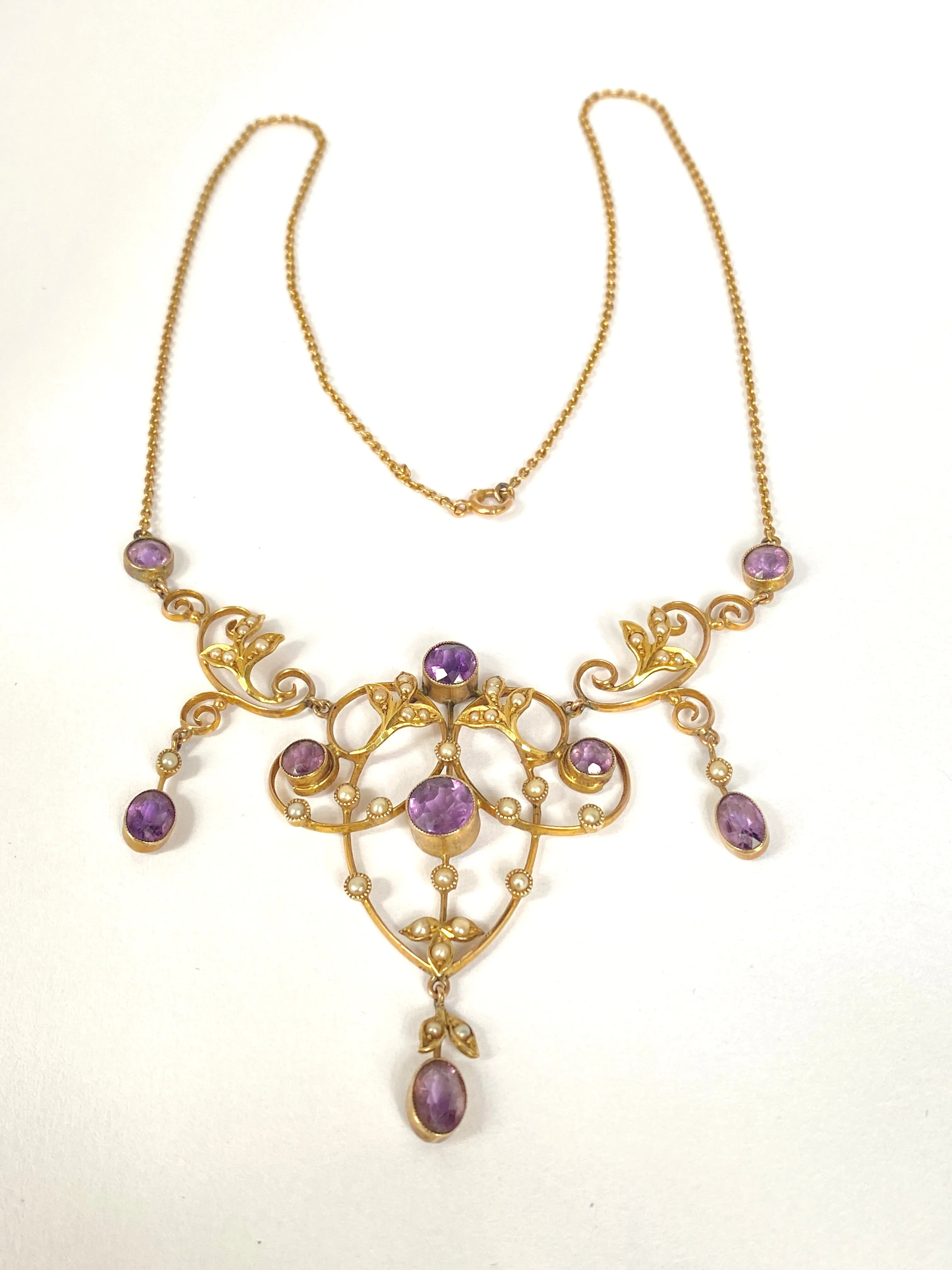 Incredible Antique, 9ct Gold, Amethyst and Seed Pearl Lavalier Pendant and 9ct Gold Chain