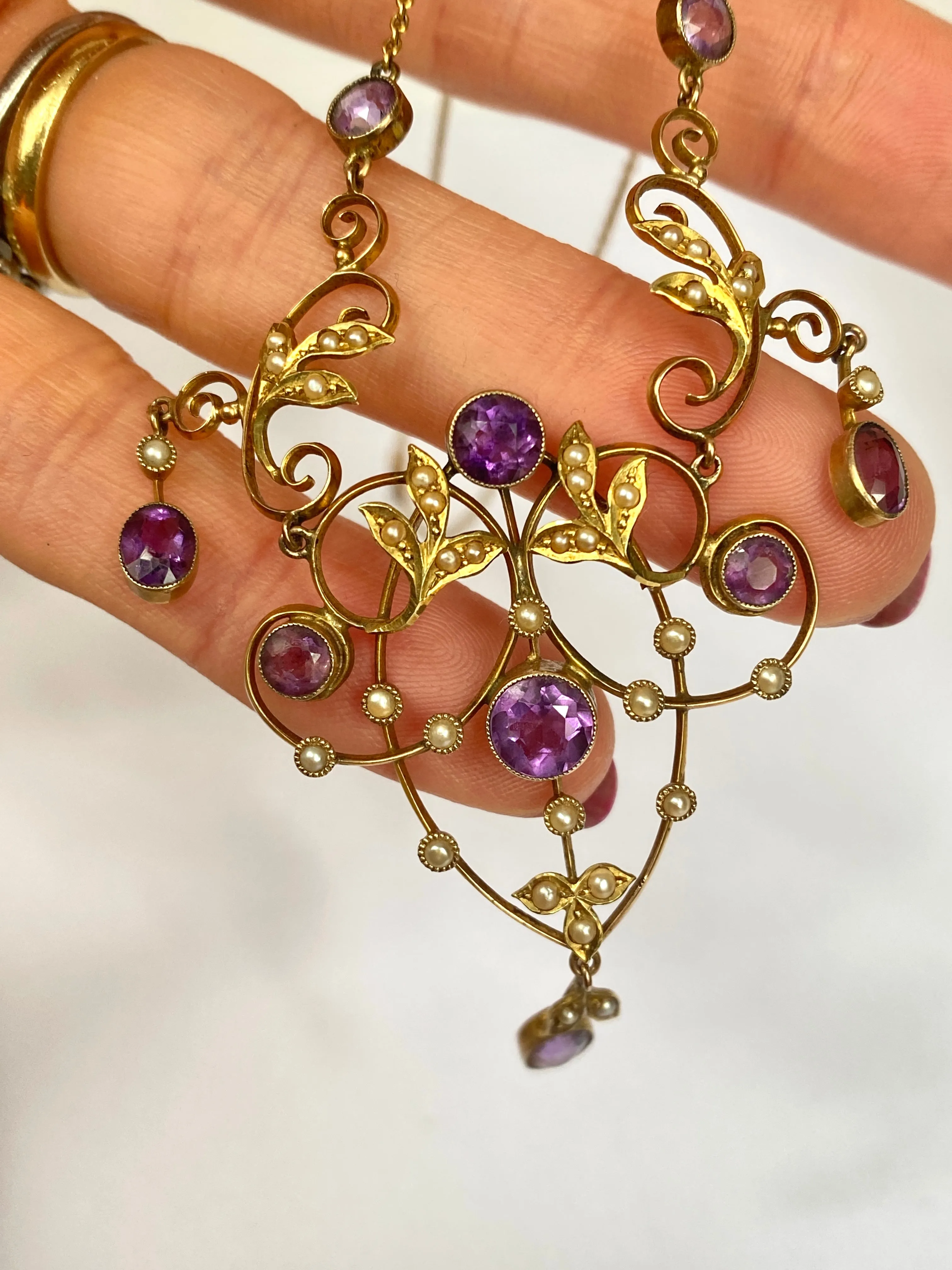 Incredible Antique, 9ct Gold, Amethyst and Seed Pearl Lavalier Pendant and 9ct Gold Chain