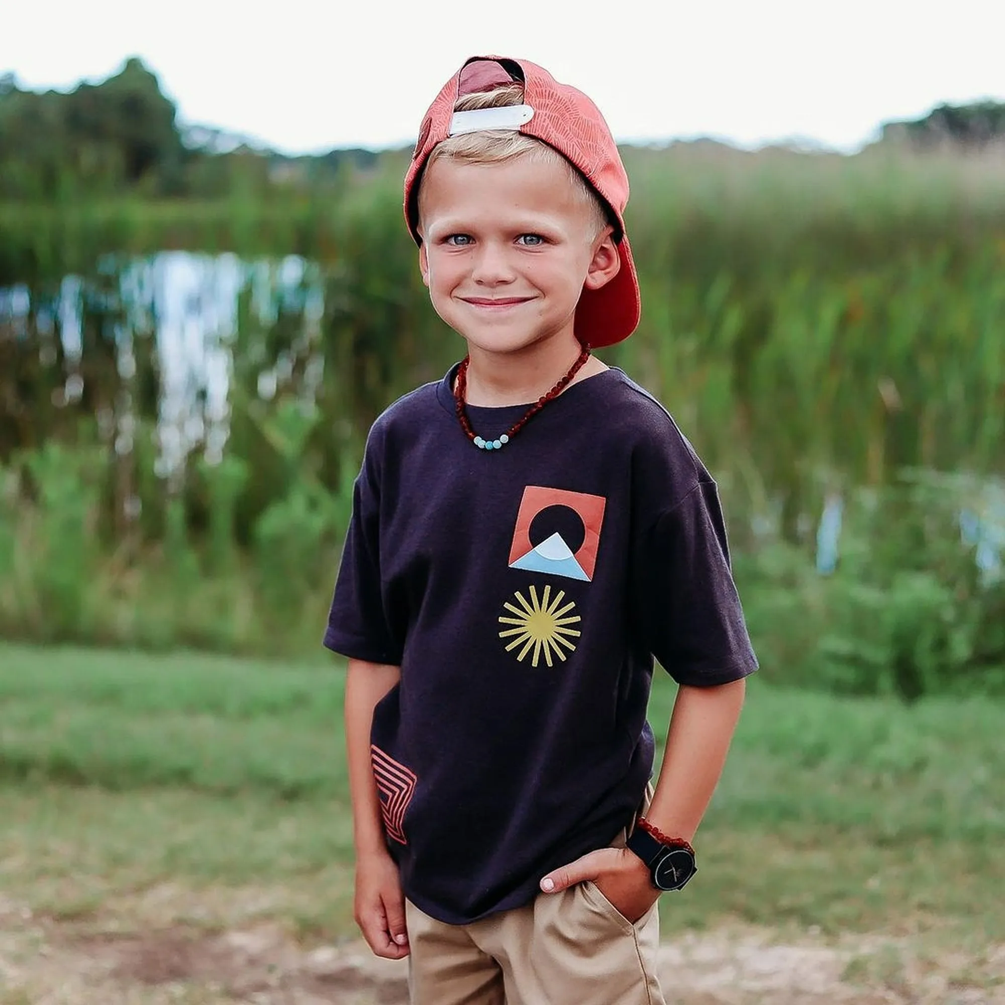 Kids | Aqua Sea Glass   Raw Cognac Amber Necklace