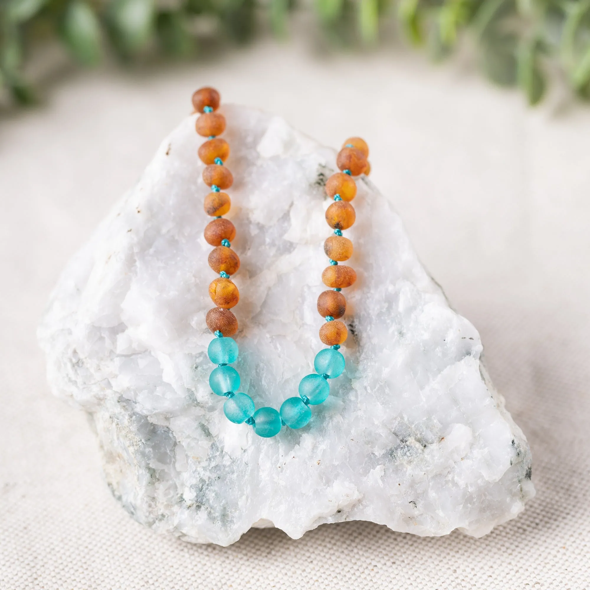 Kids | Aqua Sea Glass   Raw Cognac Amber Necklace