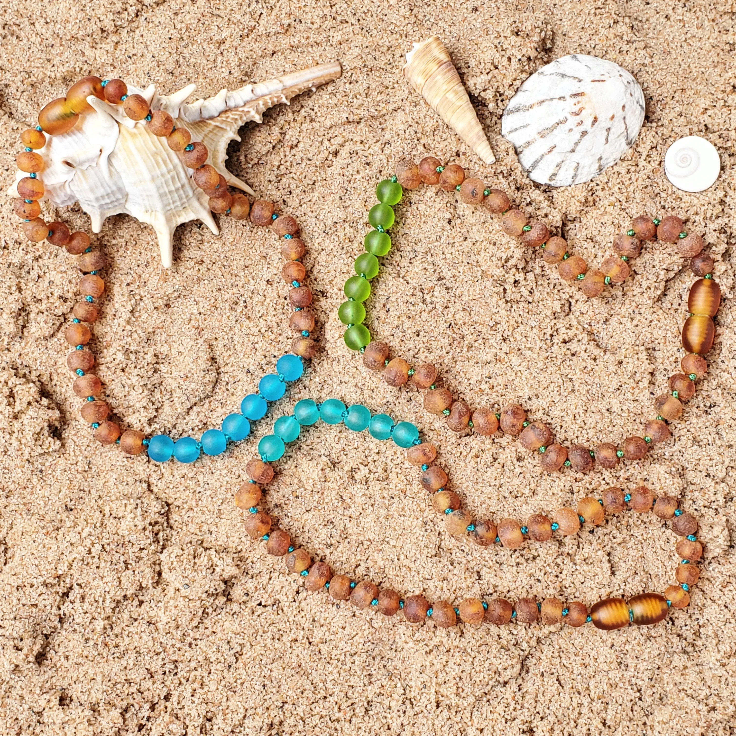 Kids | Aqua Sea Glass   Raw Cognac Amber Necklace