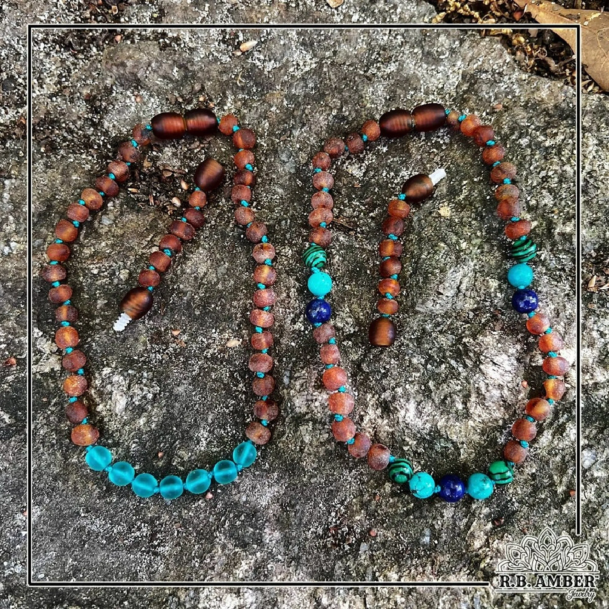 Kids | Aqua Sea Glass   Raw Cognac Amber Necklace