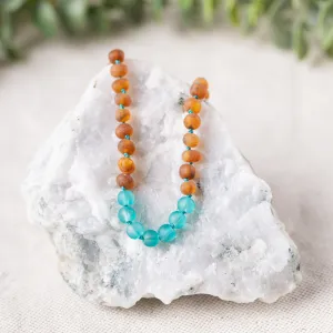 Kids | Aqua Sea Glass   Raw Cognac Amber Necklace