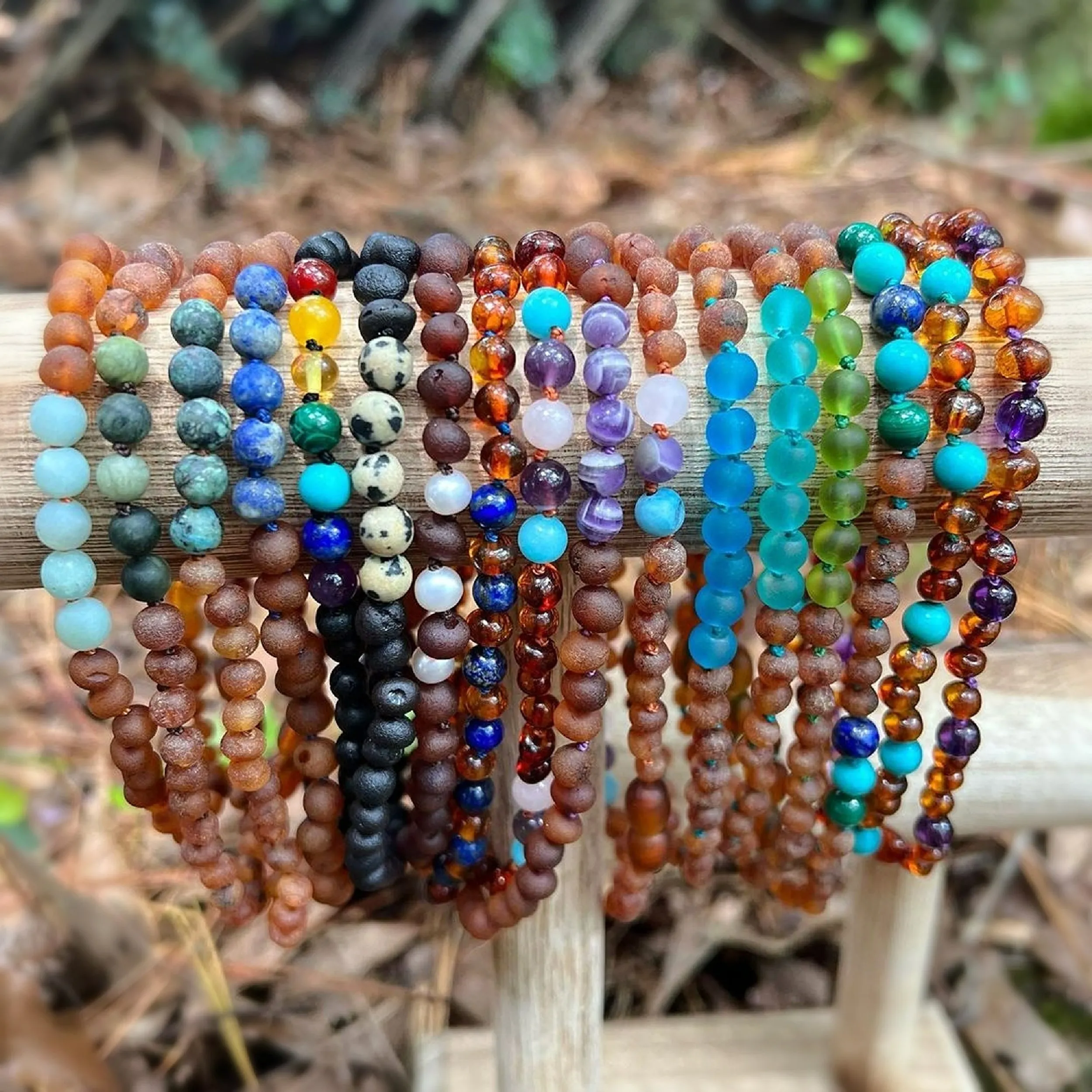 Kids | Aqua Sea Glass   Raw Cognac Amber Necklace