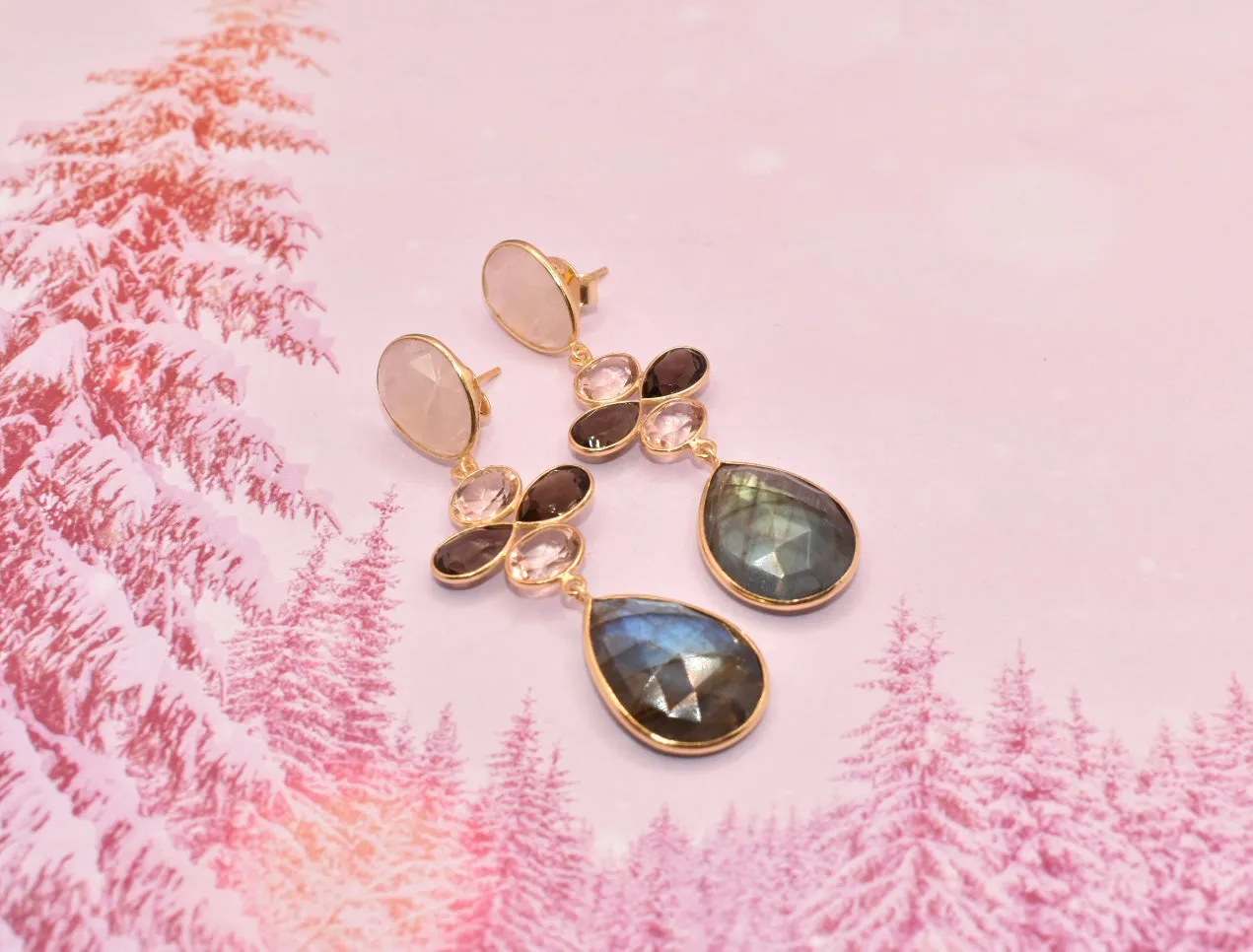 Labradorite, Moonstone, Rose Quartz & Smoky Quartz Earrings
