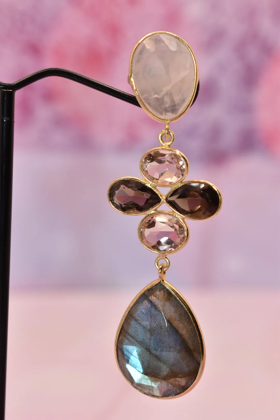 Labradorite, Moonstone, Rose Quartz & Smoky Quartz Earrings
