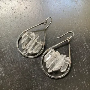 Large Quartz Cluster Earrings in Medium Silver Teardrops