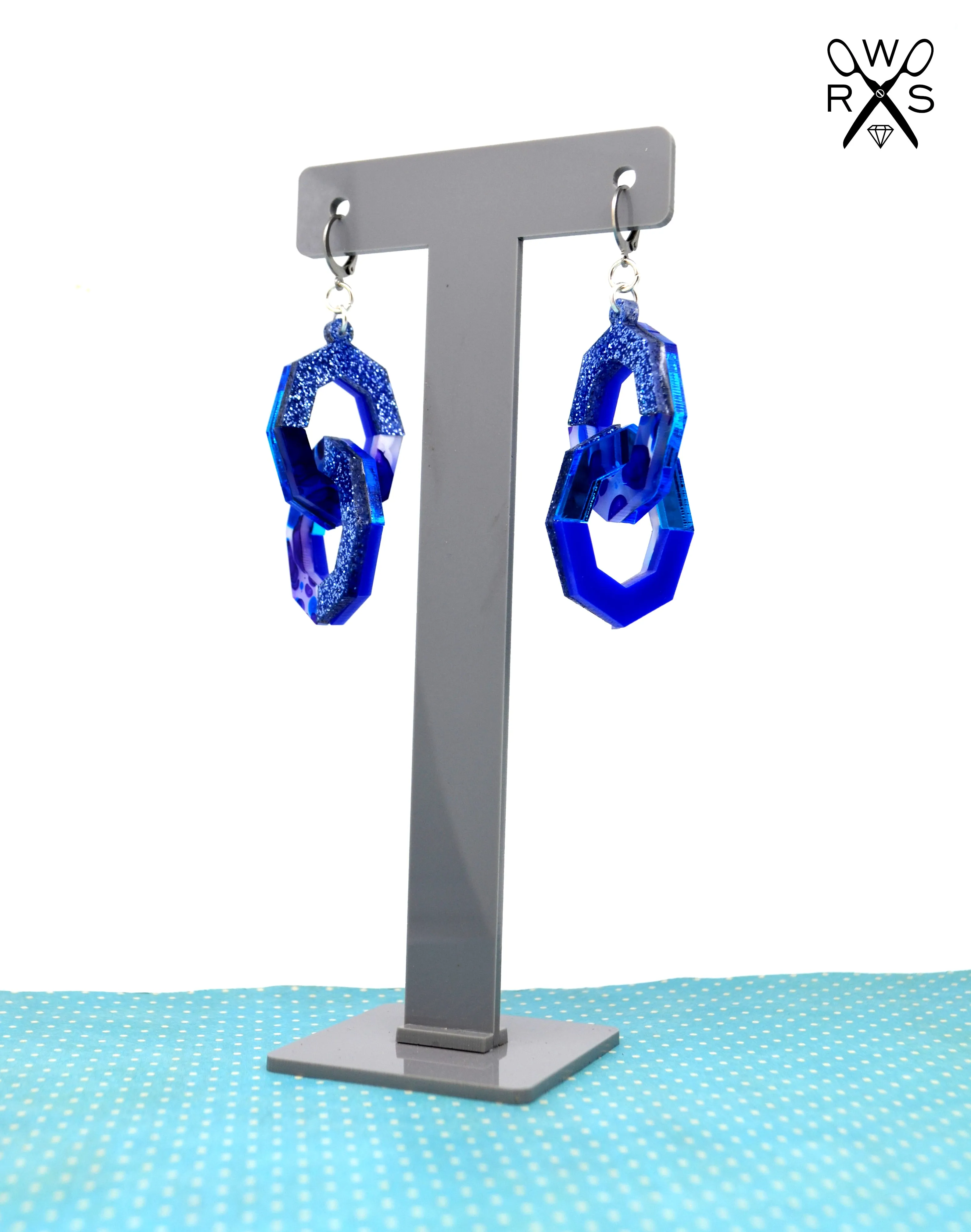 LINKED UP Laser Cut Acrylic Chain Link Dangle Earrings in Blue