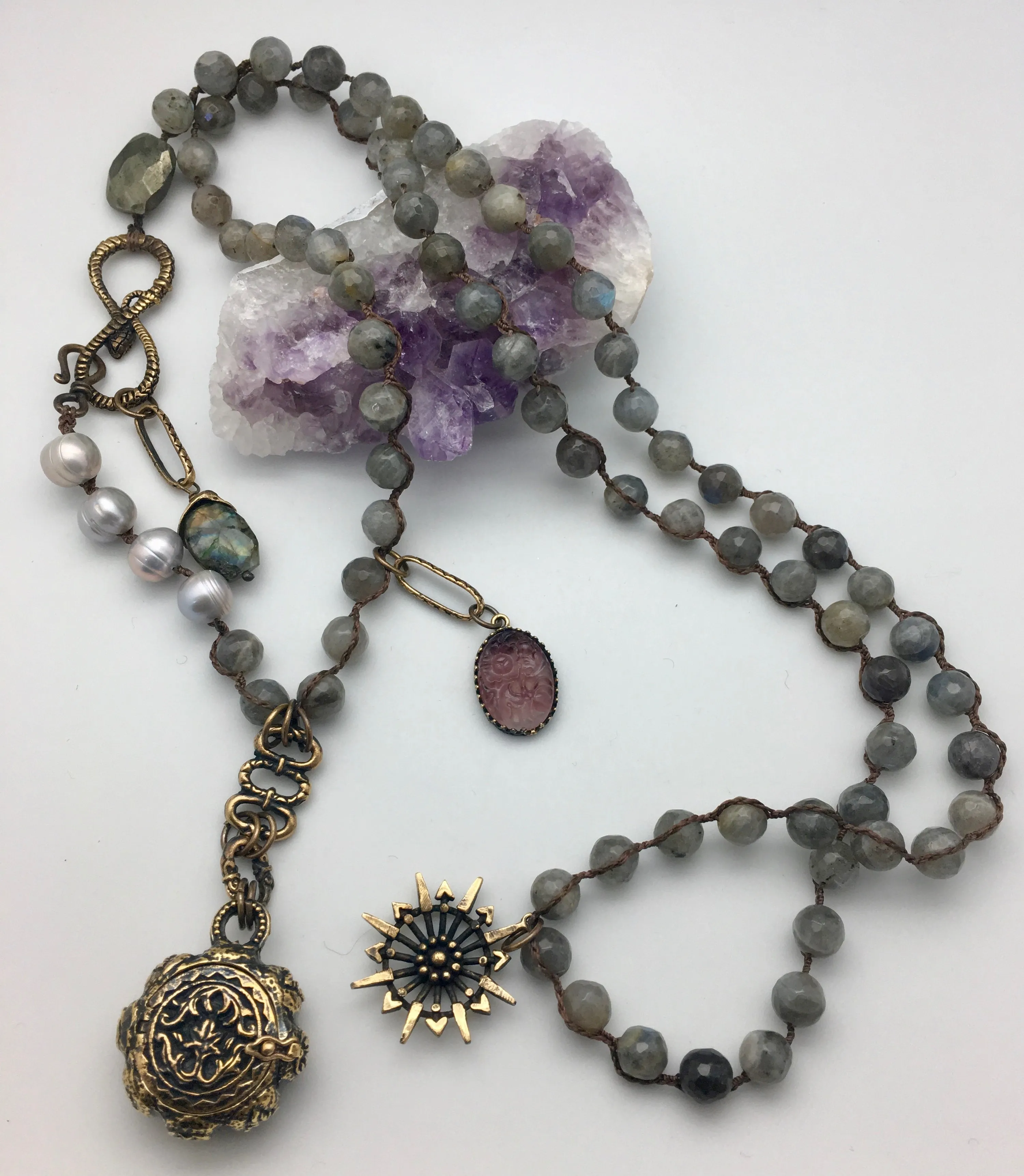 Love Heals Secret Prayer Labradorite Double Mala Locket Necklace