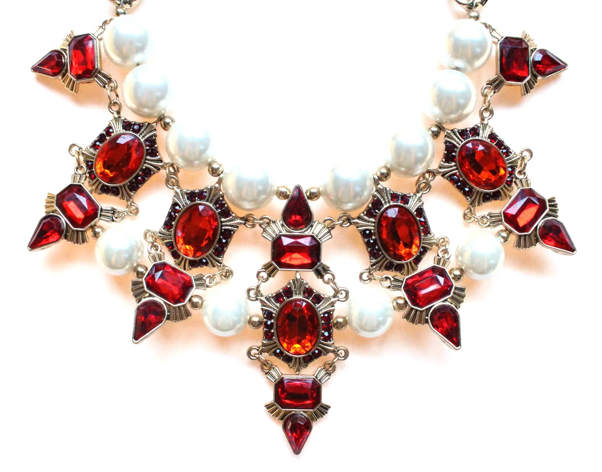 Luxe Chunky Pearl & Deco Jeweled Statement Necklace- Red