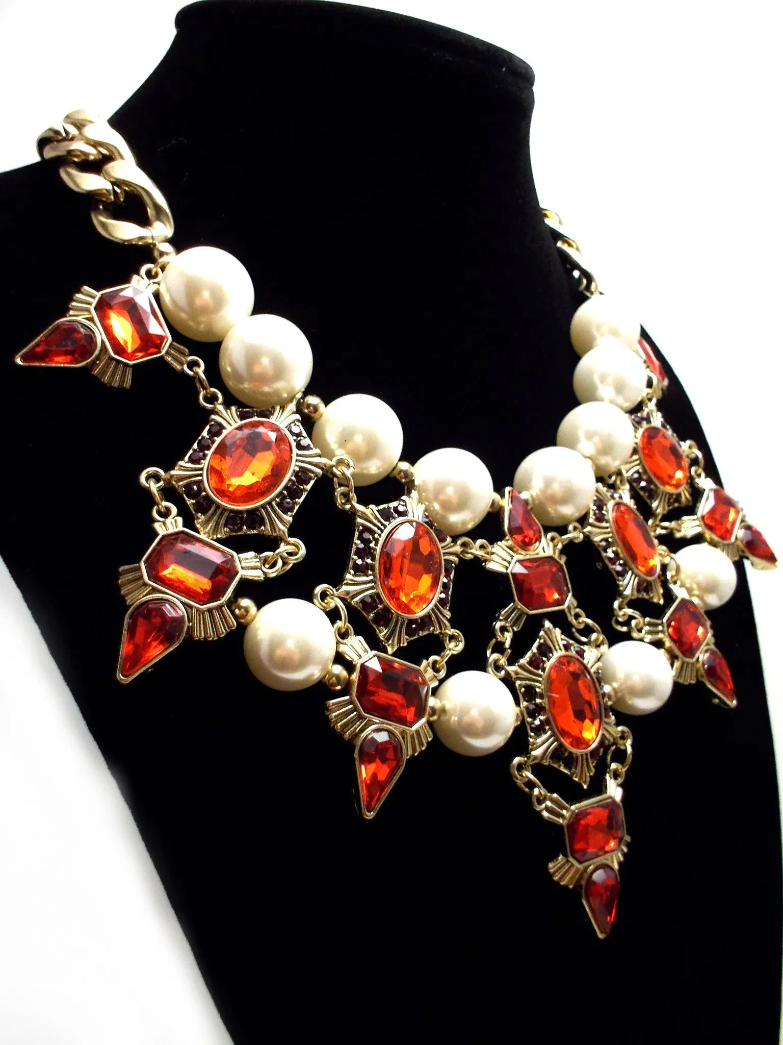 Luxe Chunky Pearl & Deco Jeweled Statement Necklace- Red