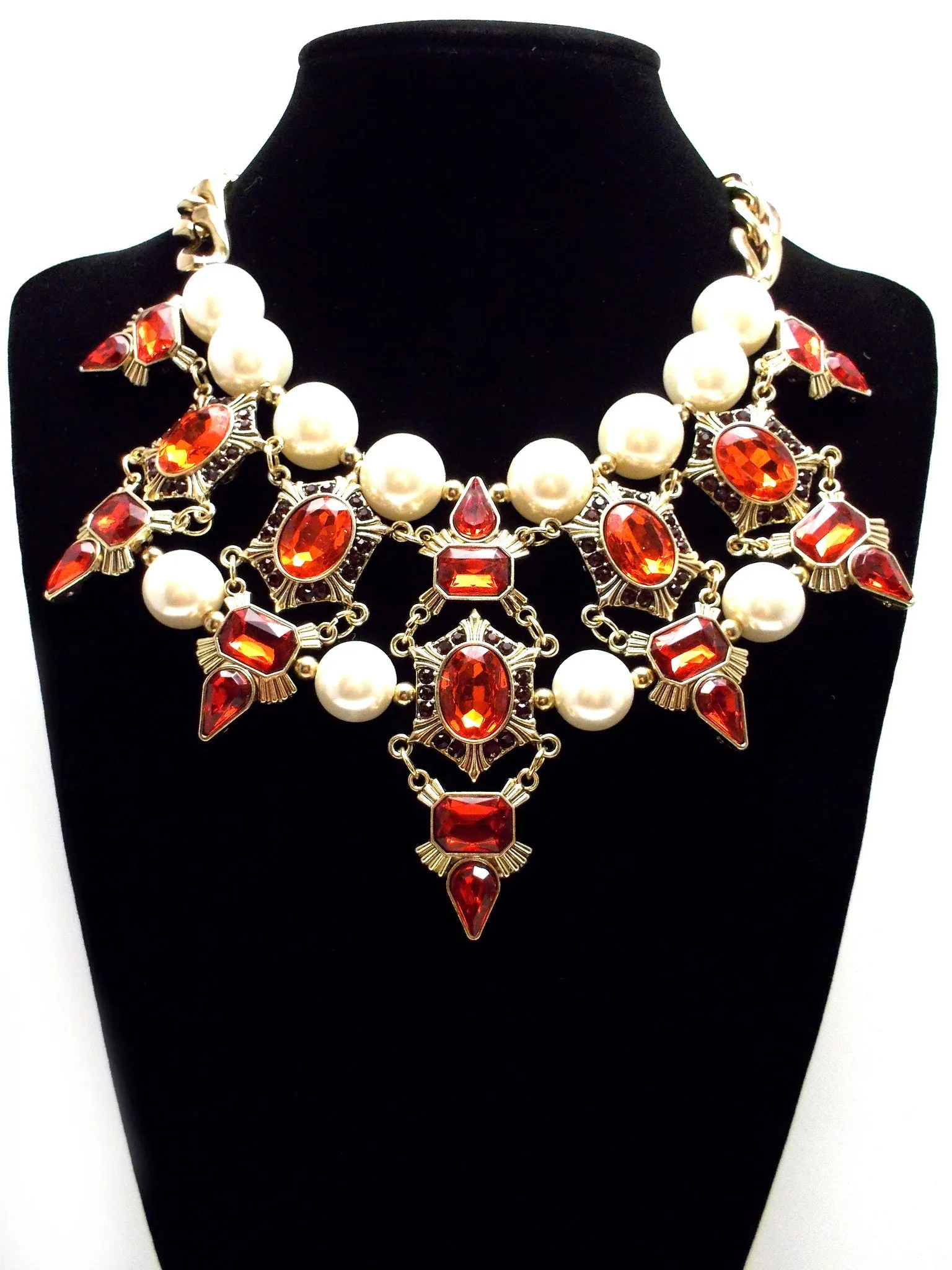 Luxe Chunky Pearl & Deco Jeweled Statement Necklace- Red