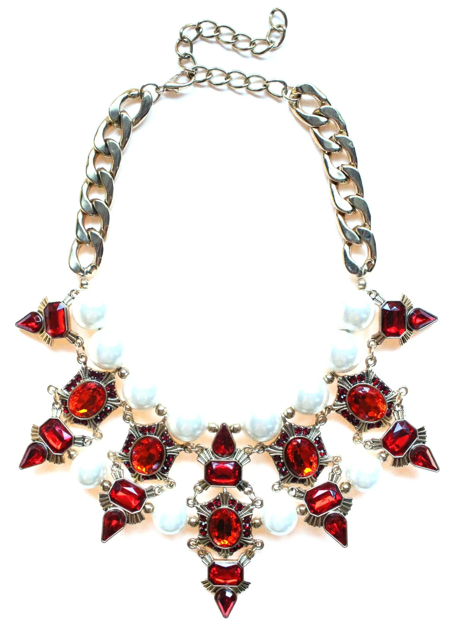 Luxe Chunky Pearl & Deco Jeweled Statement Necklace- Red