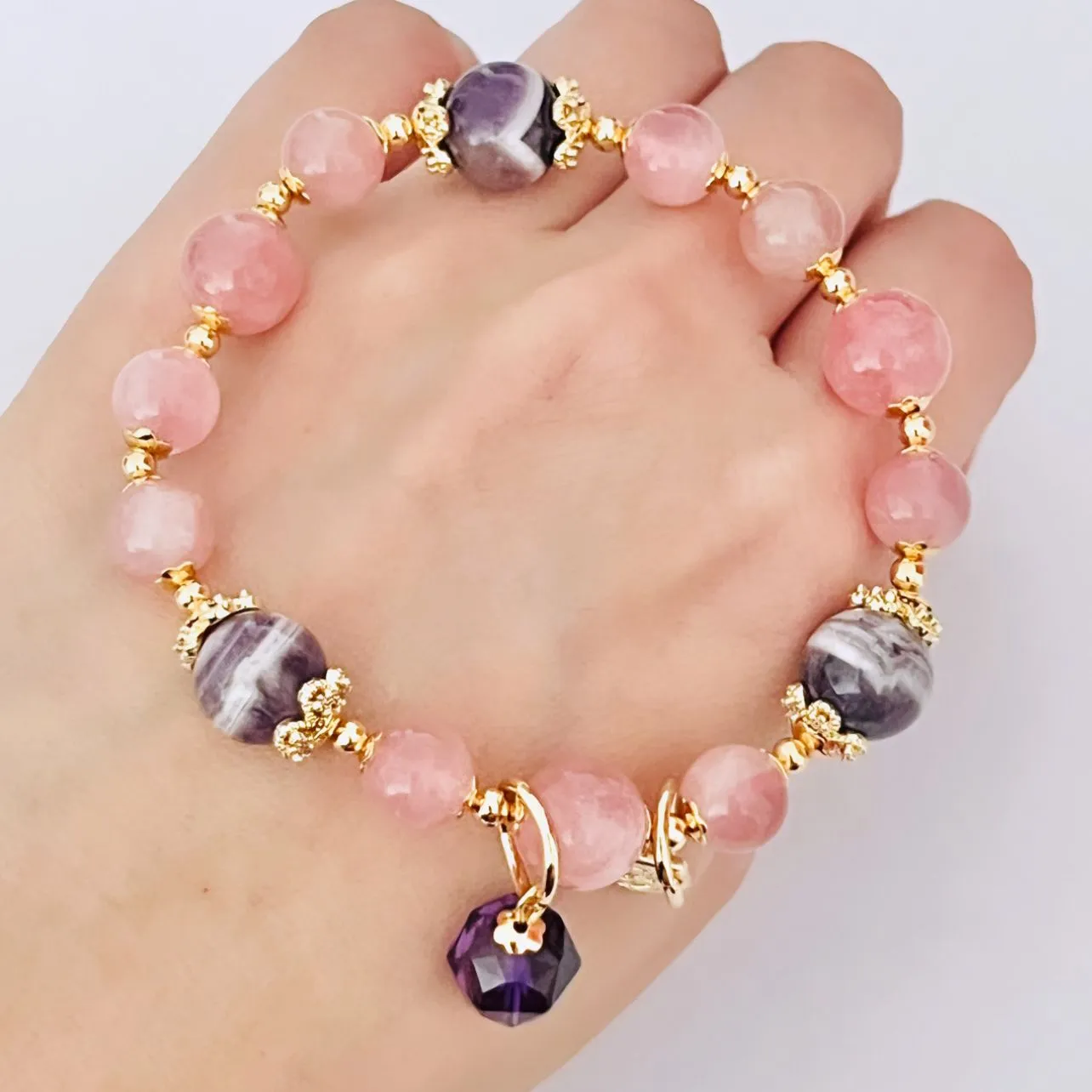 Madagascar Rose Quartz & Chevron Amethyst Bracelet