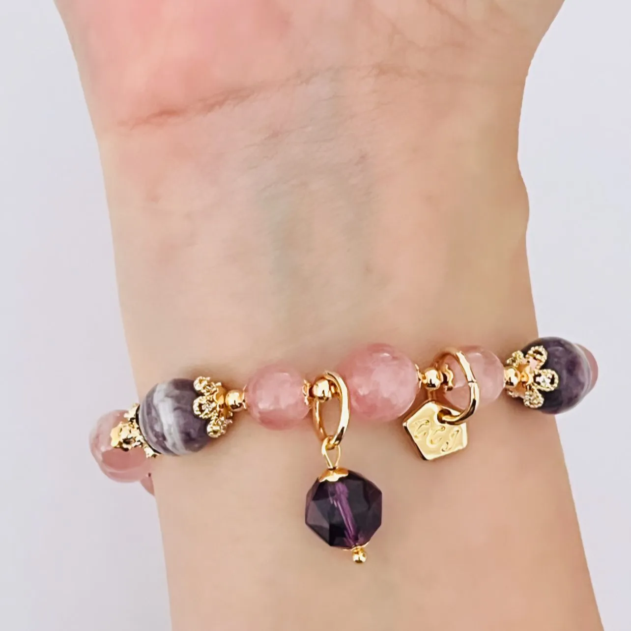 Madagascar Rose Quartz & Chevron Amethyst Bracelet