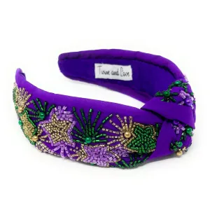 Mardi Gras Hand Beaded Purple Stars Knot Headband