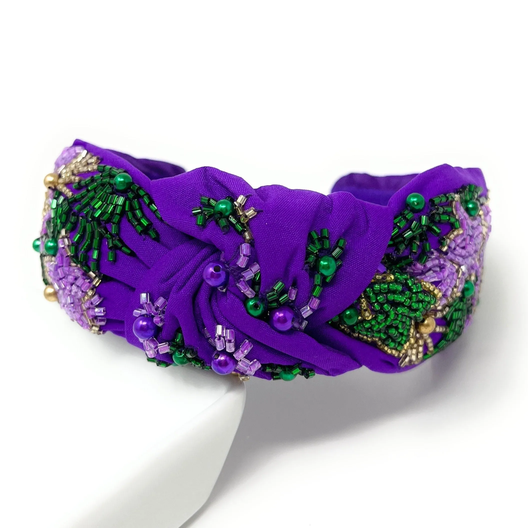Mardi Gras Hand Beaded Purple Stars Knot Headband