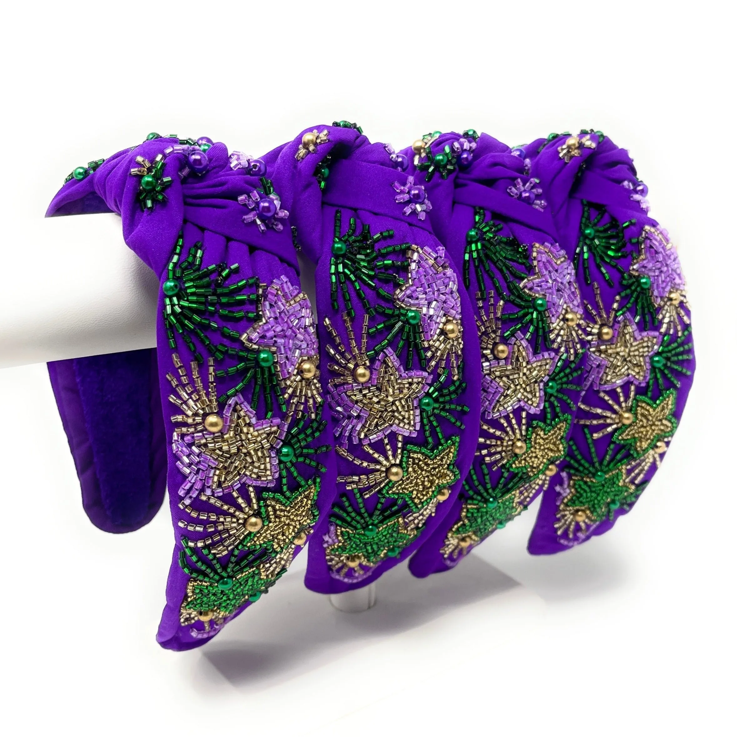 Mardi Gras Hand Beaded Purple Stars Knot Headband
