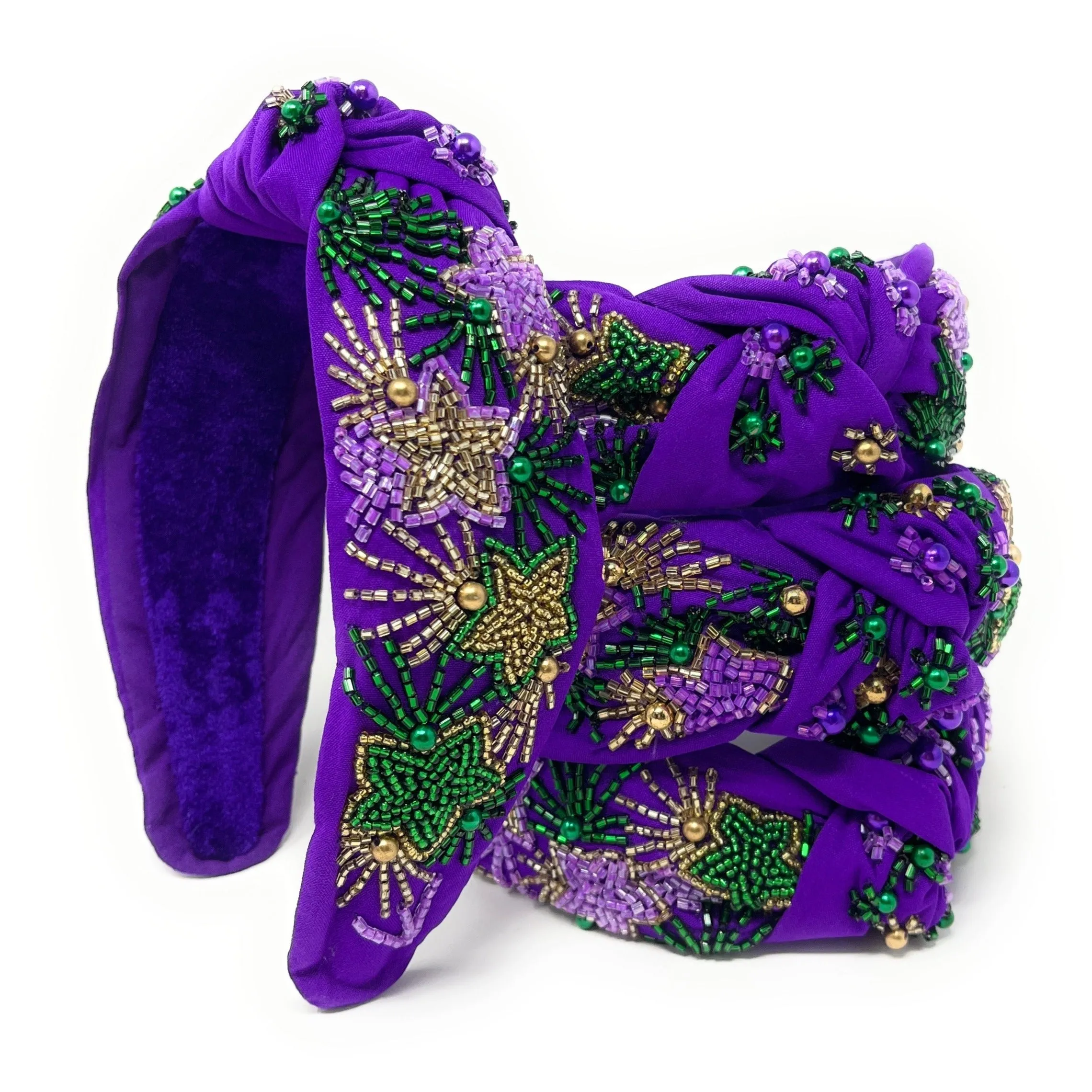 Mardi Gras Hand Beaded Purple Stars Knot Headband