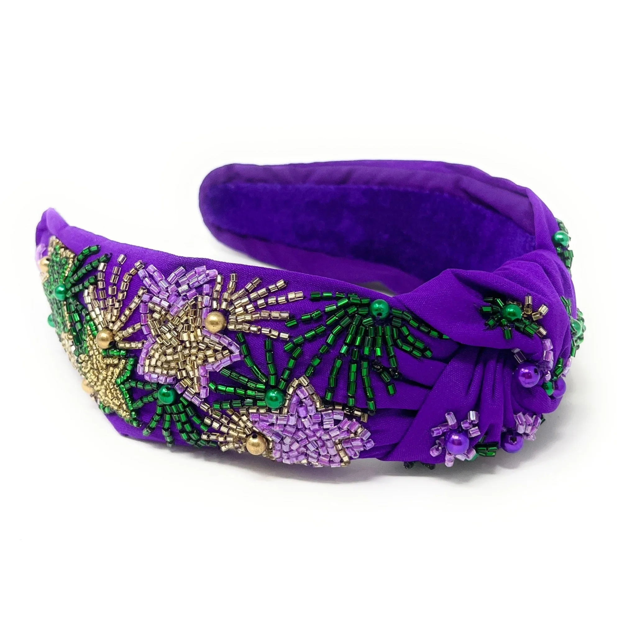 Mardi Gras Hand Beaded Purple Stars Knot Headband