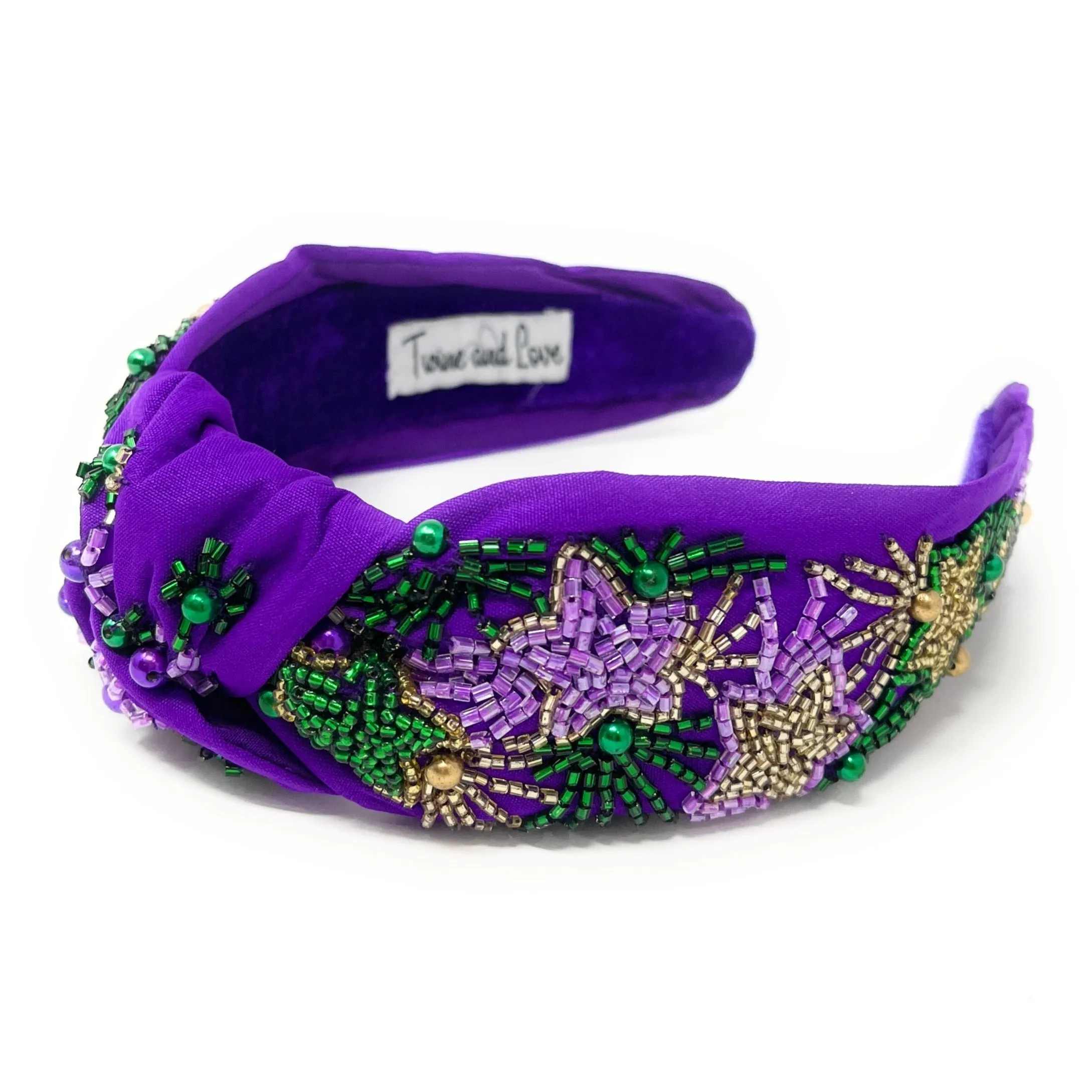 Mardi Gras Hand Beaded Purple Stars Knot Headband