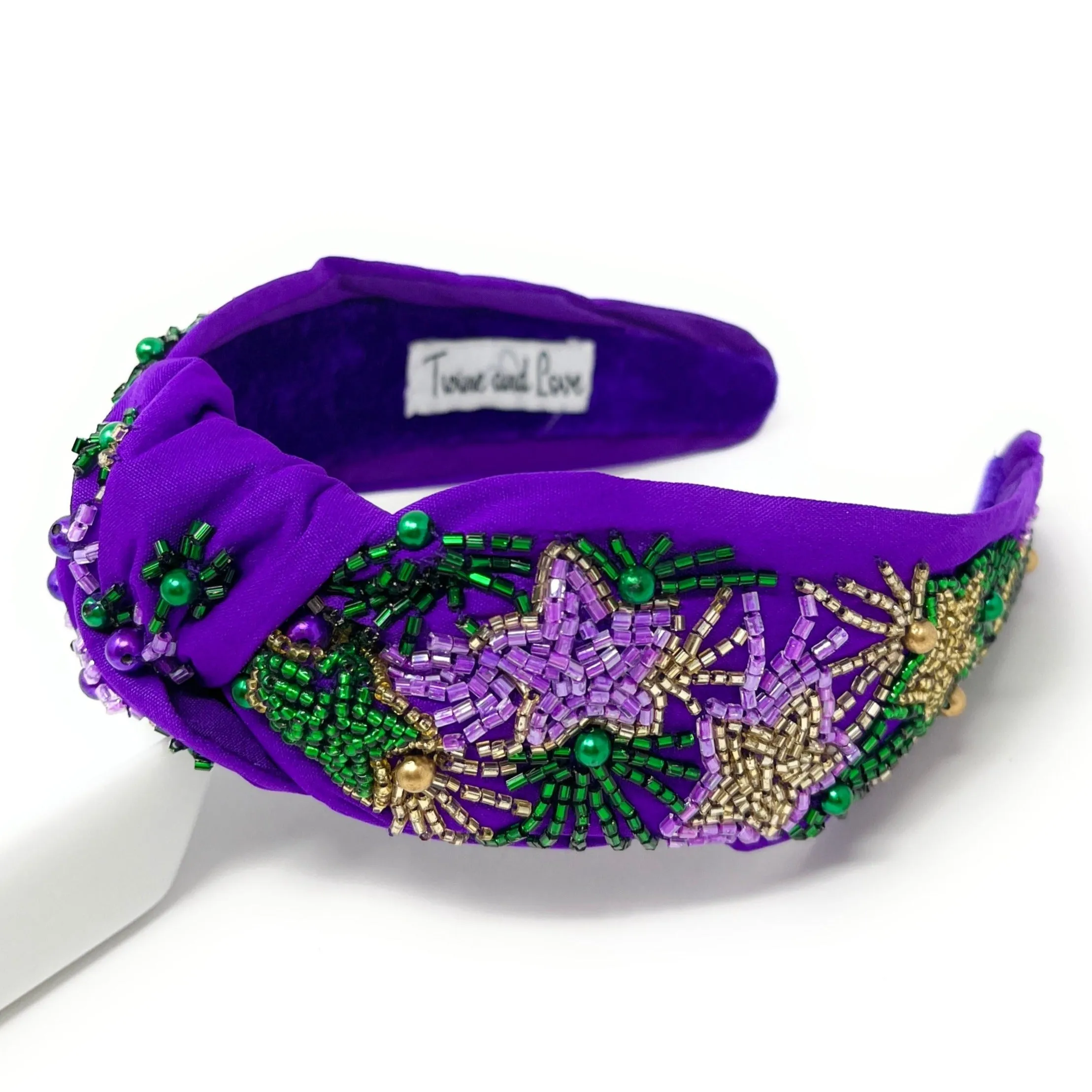Mardi Gras Hand Beaded Purple Stars Knot Headband