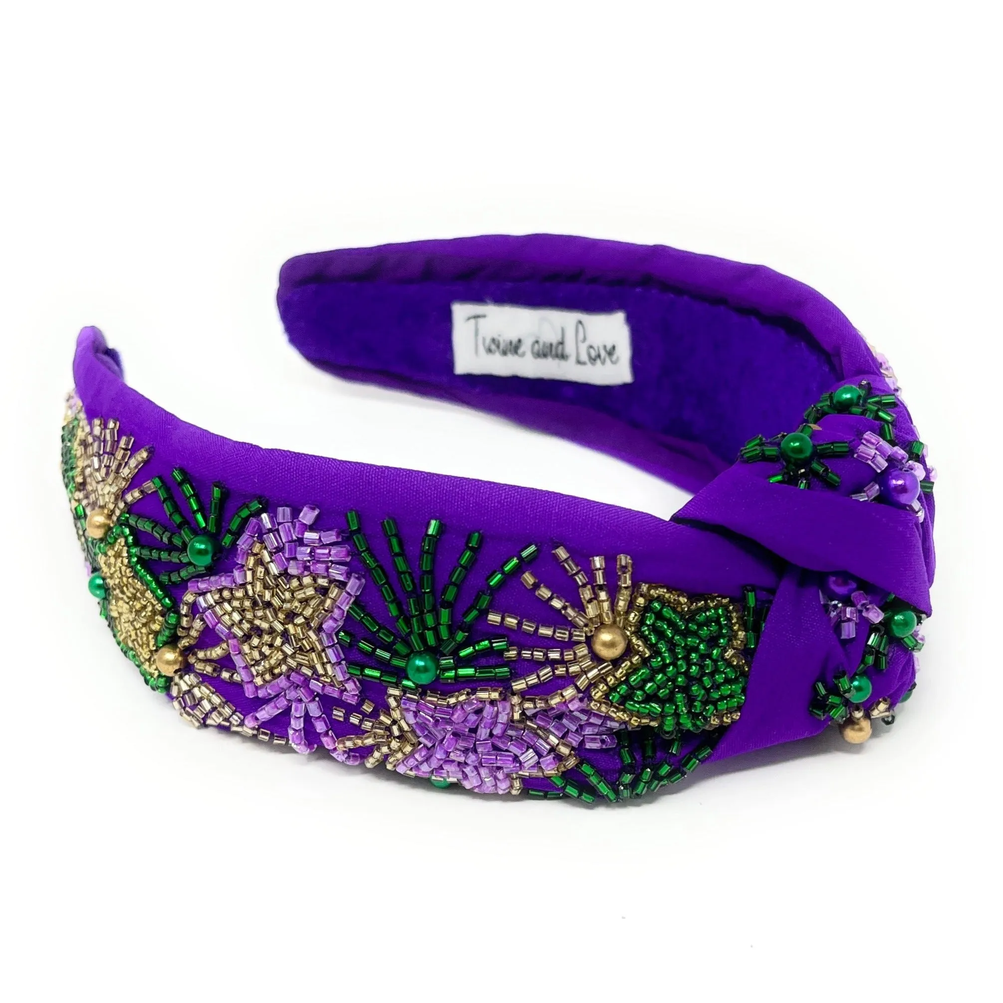 Mardi Gras Hand Beaded Purple Stars Knot Headband