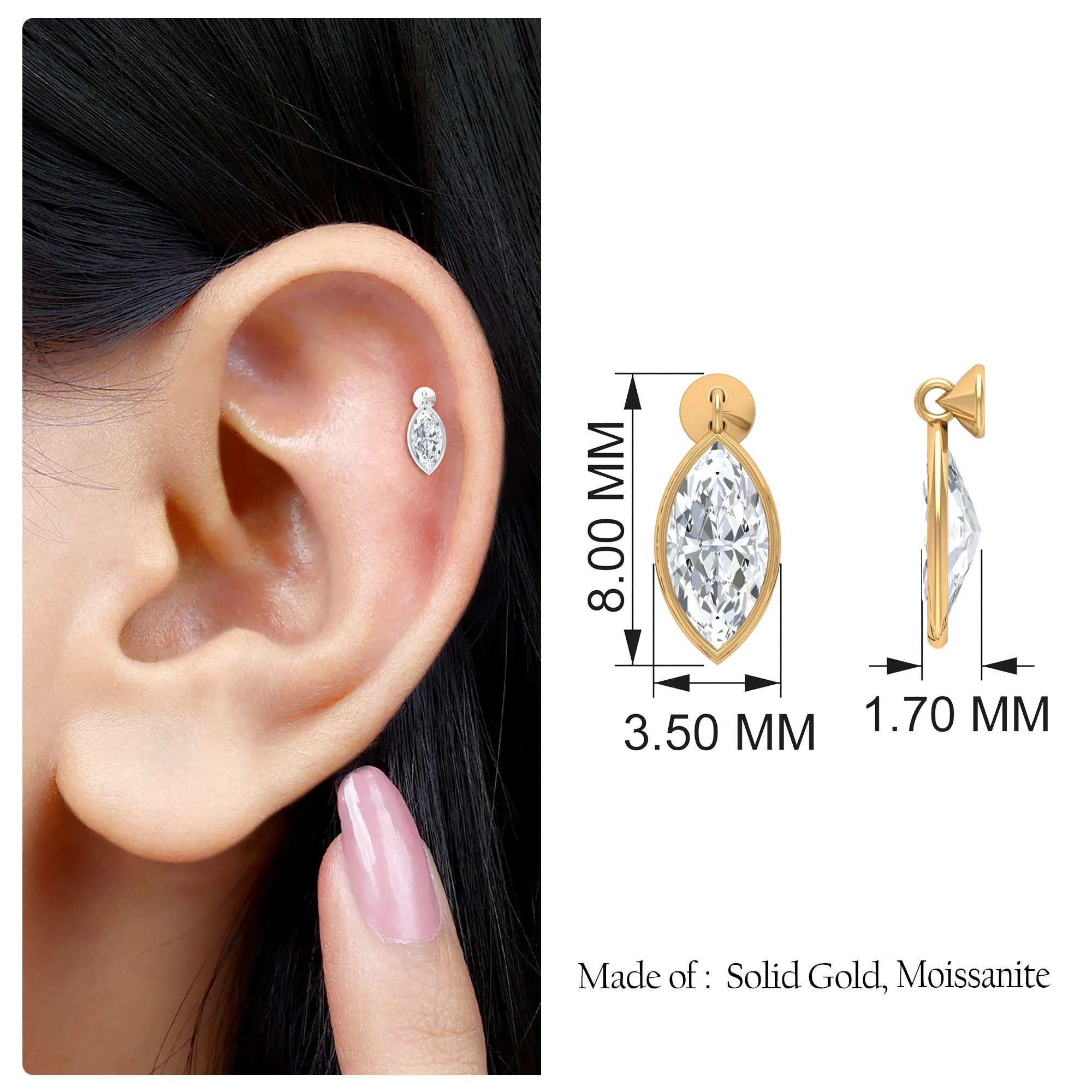 Marquise Moissanite Dangly Earring for Cartilage Piercing