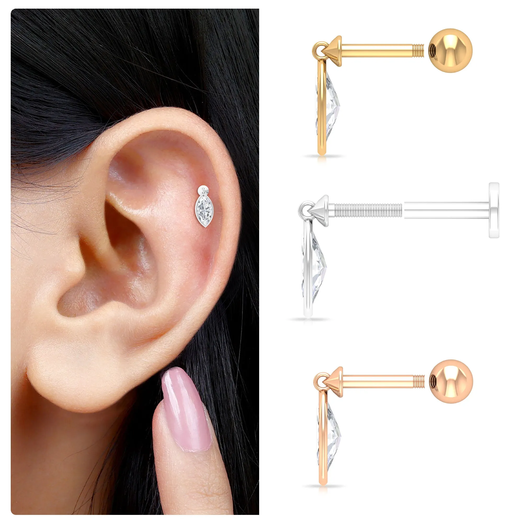 Marquise Moissanite Dangly Earring for Cartilage Piercing