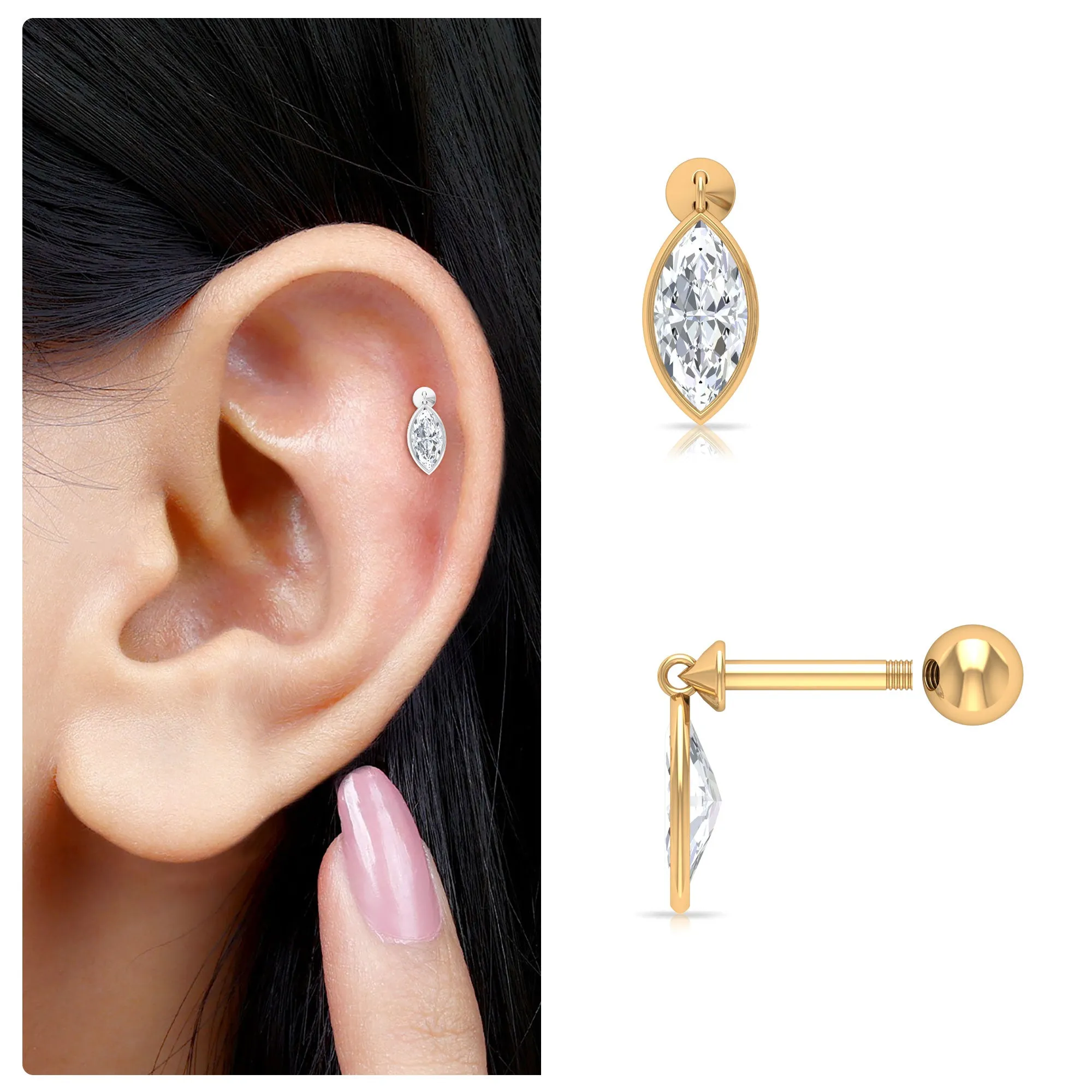 Marquise Moissanite Dangly Earring for Cartilage Piercing