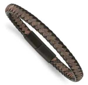 Men's Brushed Black Plated Stainless Steel & Black and Brown Braided Leather Bracelet (SI3615)