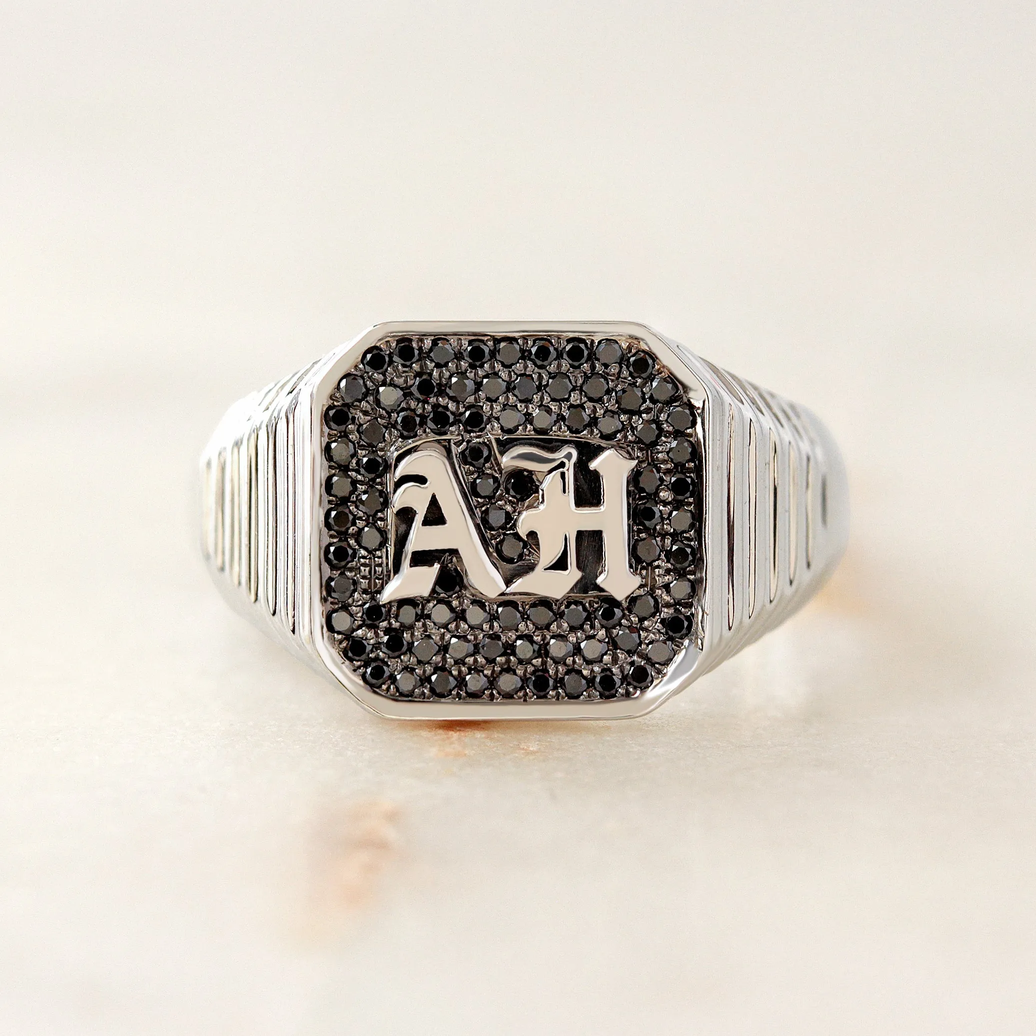 Men's Gothic Initials Signet Ring with Black Diamonds  – Unisex College Ring