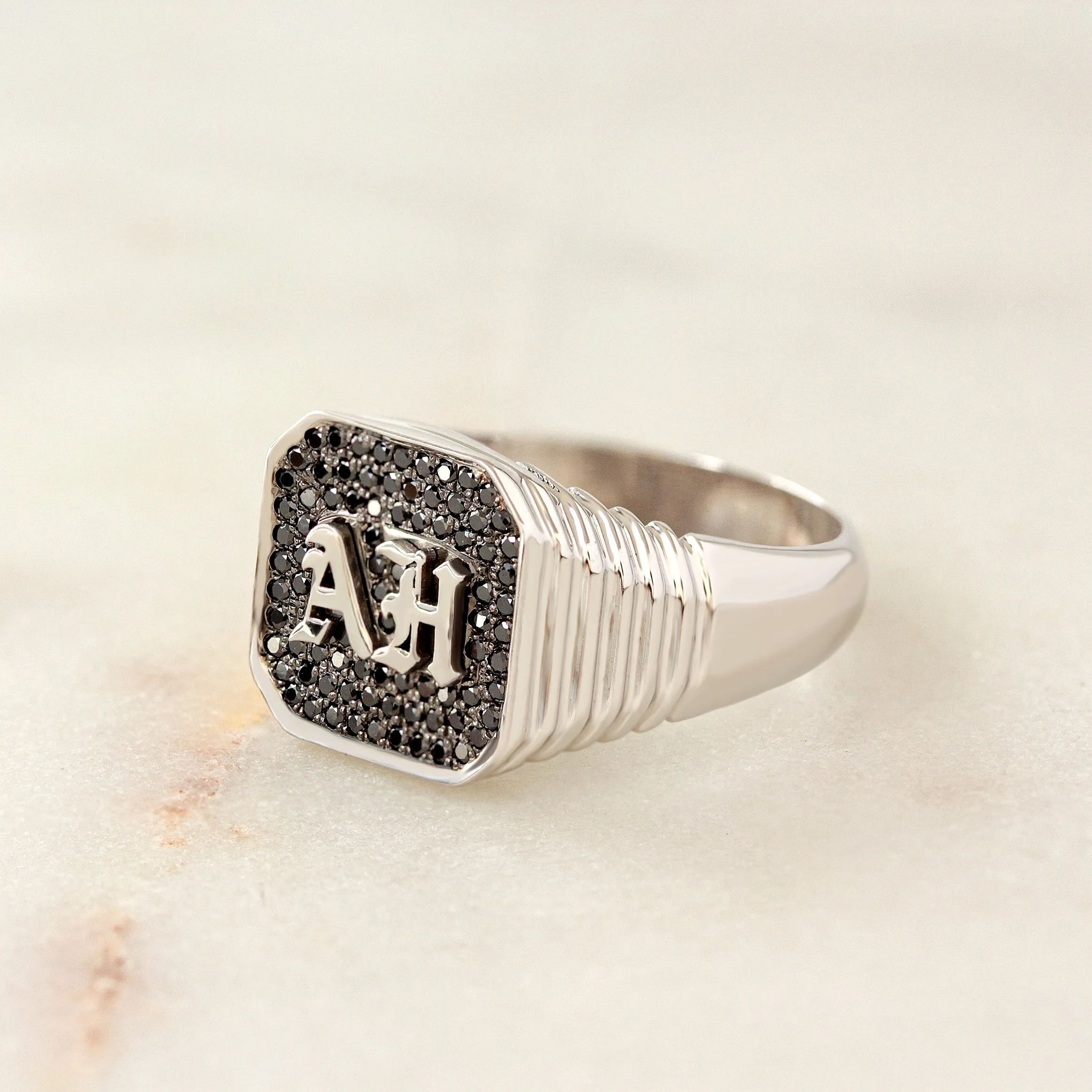 Men's Gothic Initials Signet Ring with Black Diamonds  – Unisex College Ring