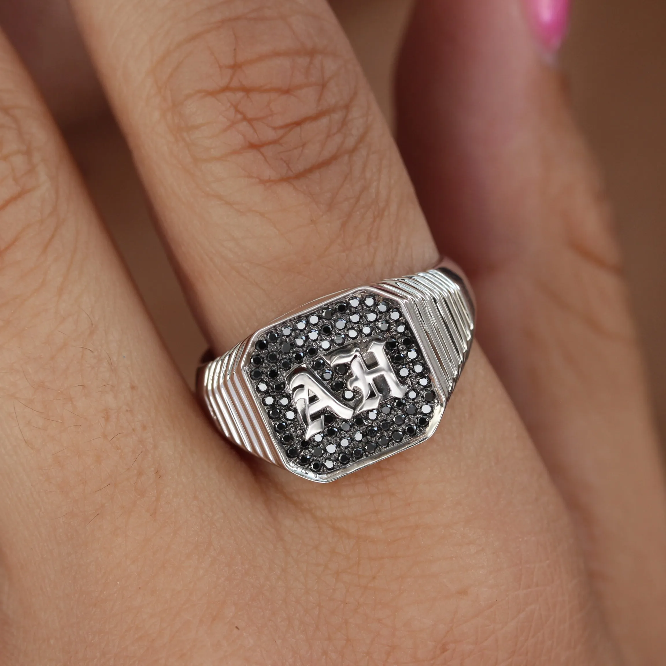 Men's Gothic Initials Signet Ring with Black Diamonds  – Unisex College Ring