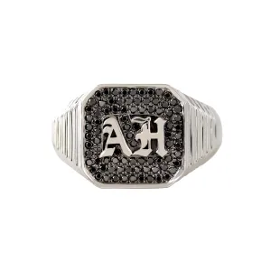 Men's Gothic Initials Signet Ring with Black Diamonds  – Unisex College Ring