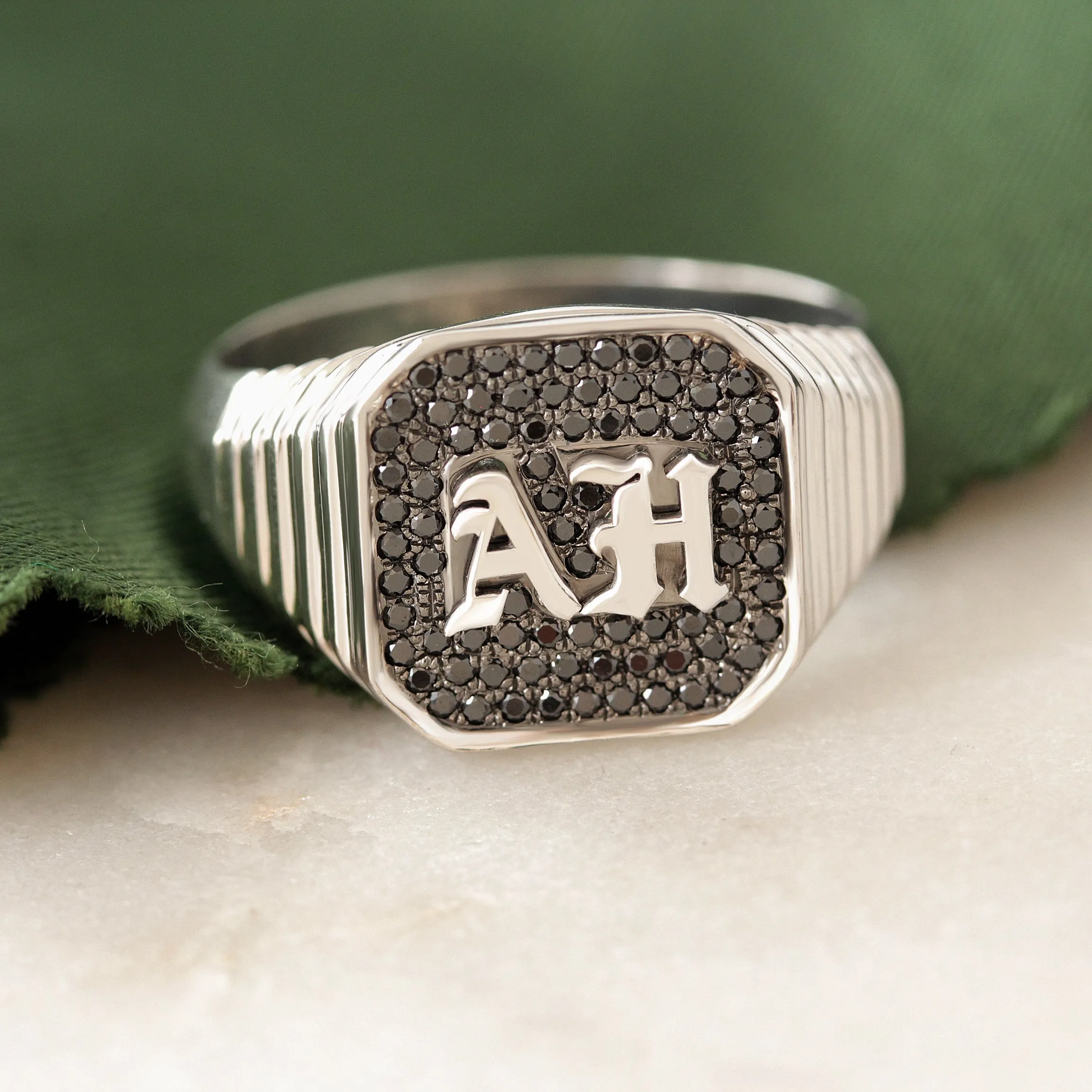 Men's Gothic Initials Signet Ring with Black Diamonds  – Unisex College Ring