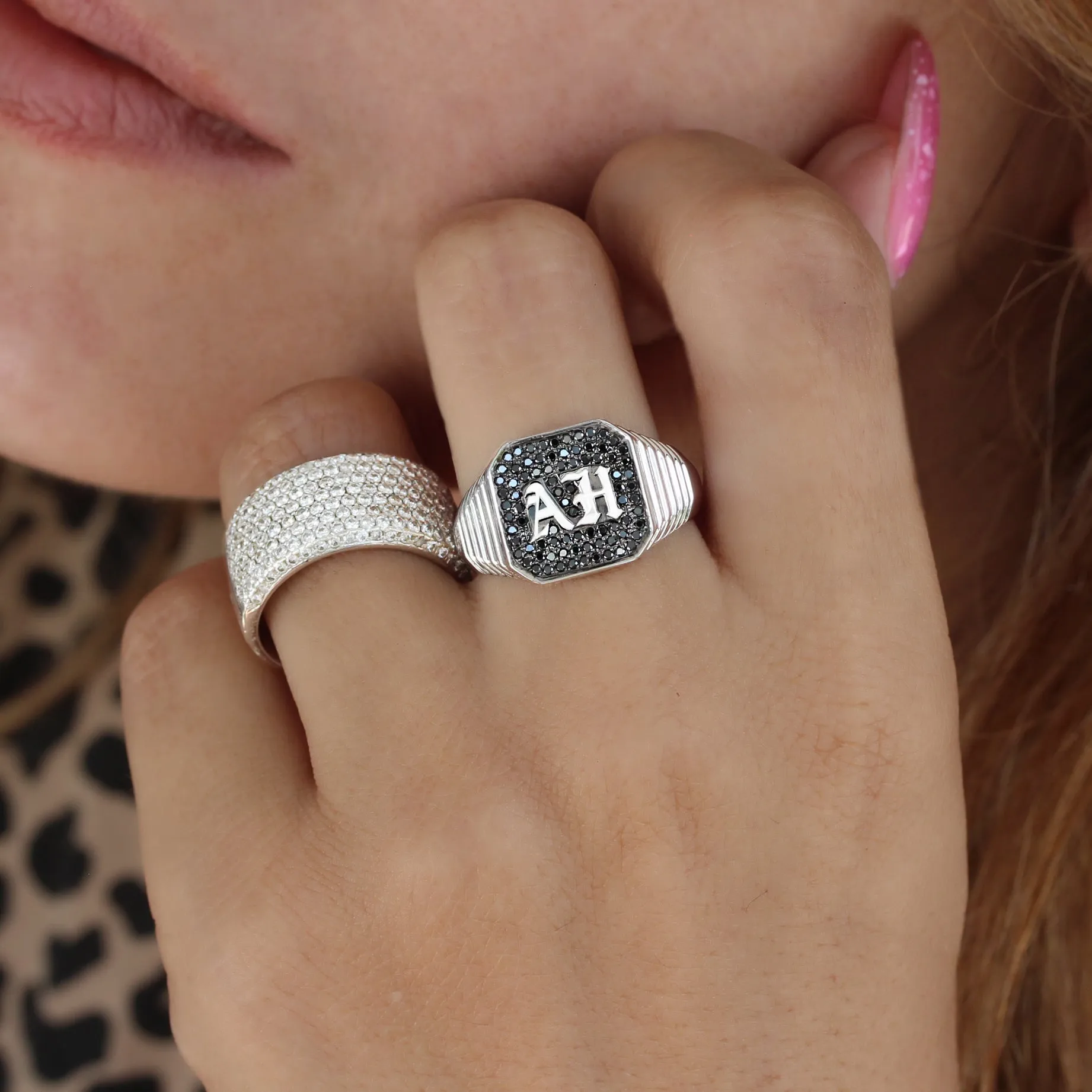 Men's Gothic Initials Signet Ring with Black Diamonds  – Unisex College Ring