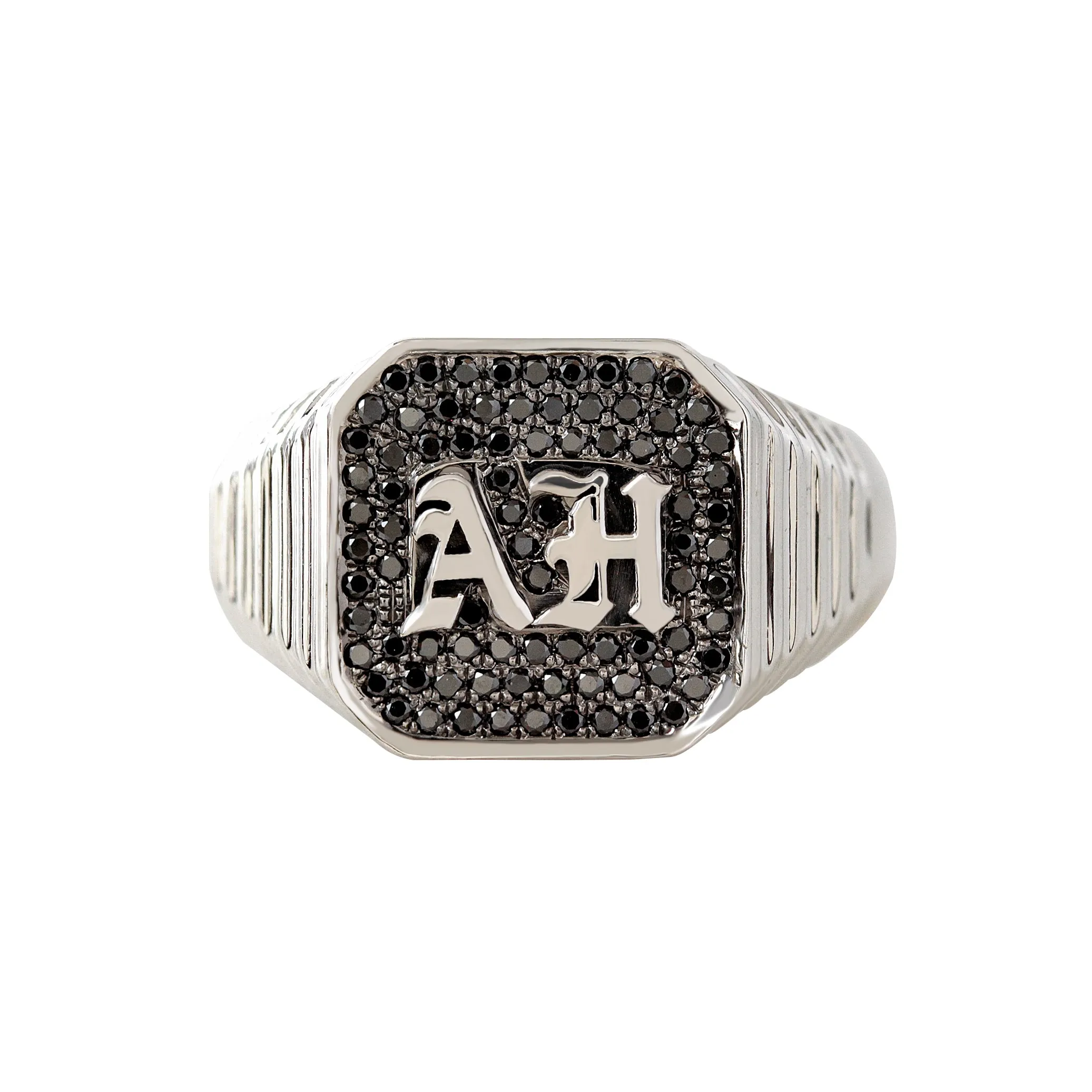 Men's Gothic Initials Signet Ring with Black Diamonds  – Unisex College Ring