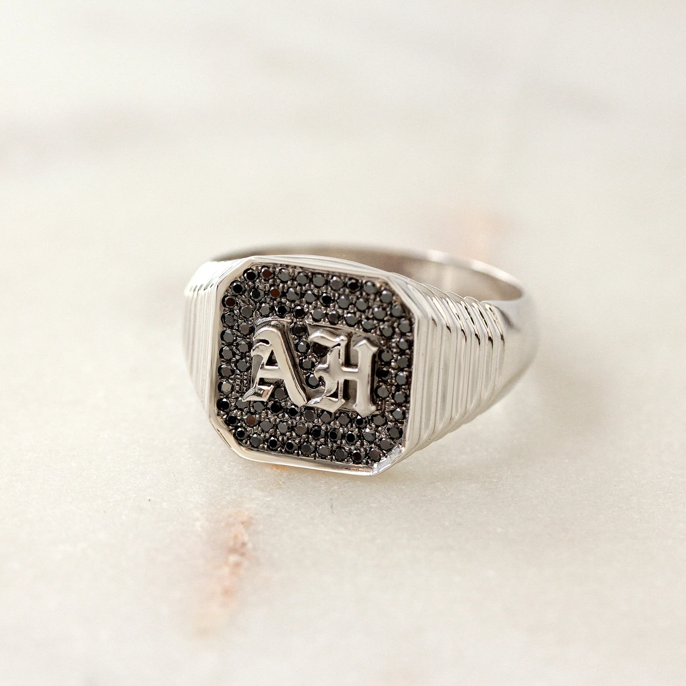 Men's Gothic Initials Signet Ring with Black Diamonds  – Unisex College Ring