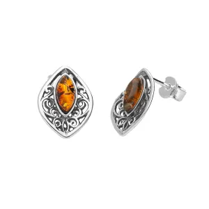 MILENA Earrings Silver and Amber Stud Vintage