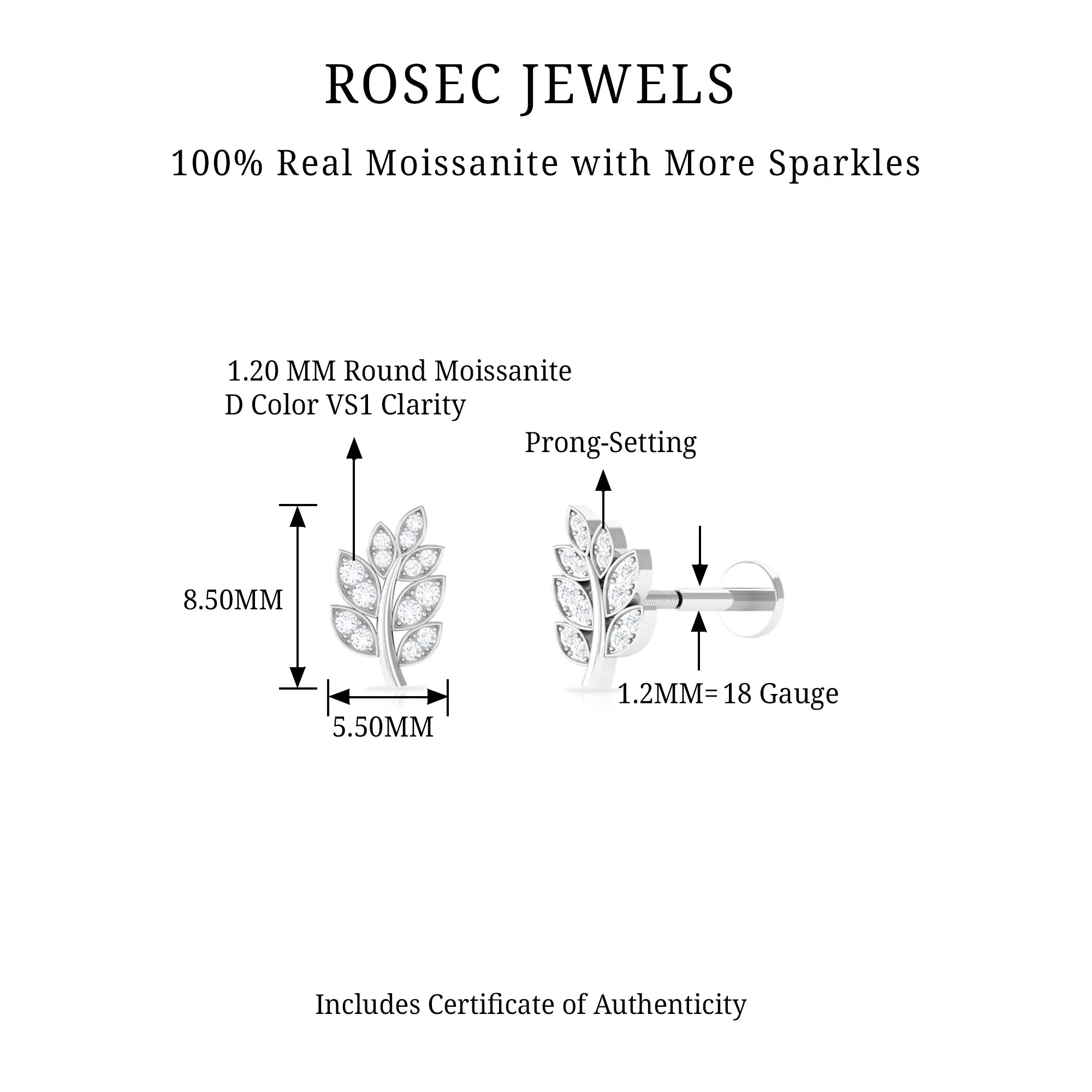 Minimal Moissanite Gold Leaf Earring for Conch Piercing