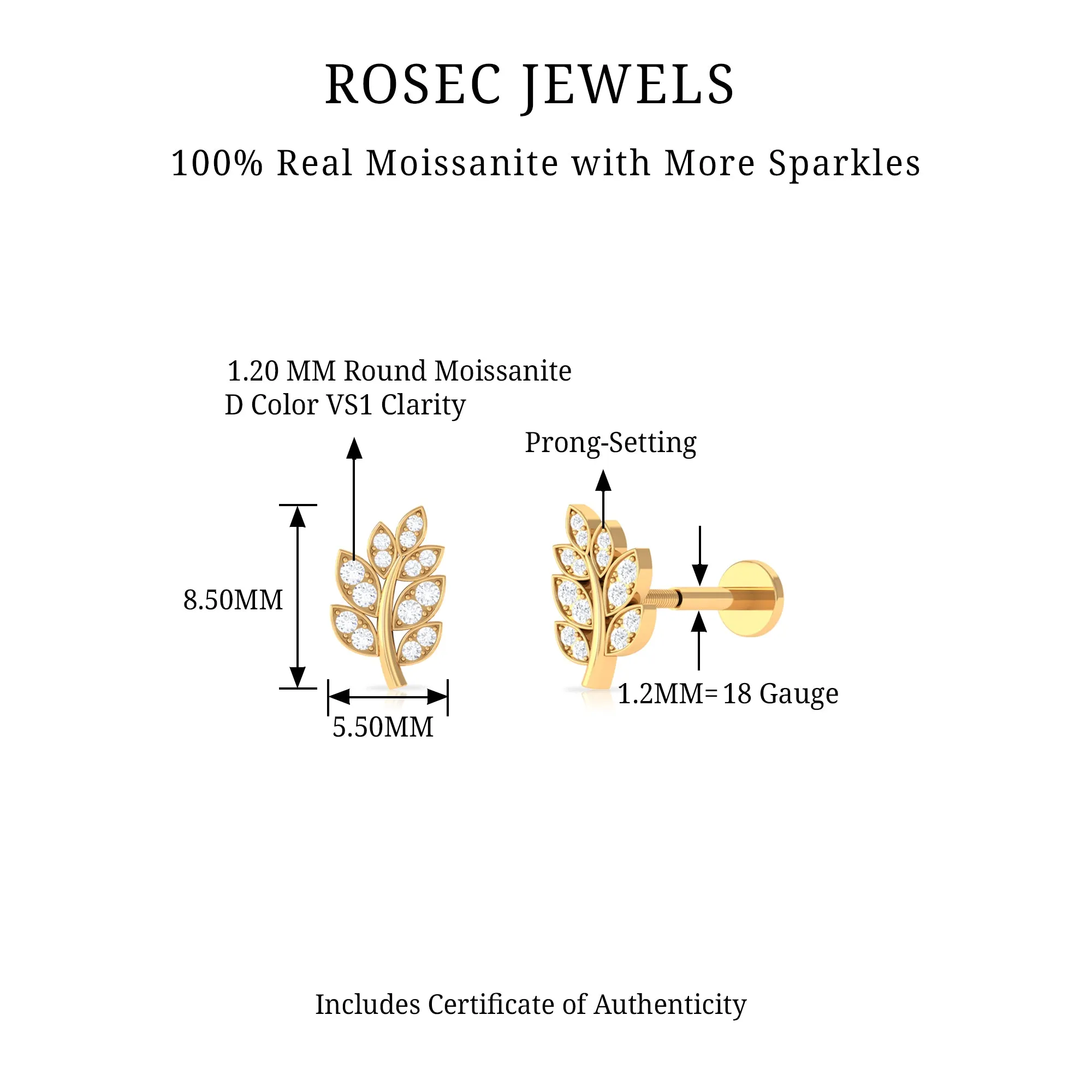 Minimal Moissanite Gold Leaf Earring for Conch Piercing