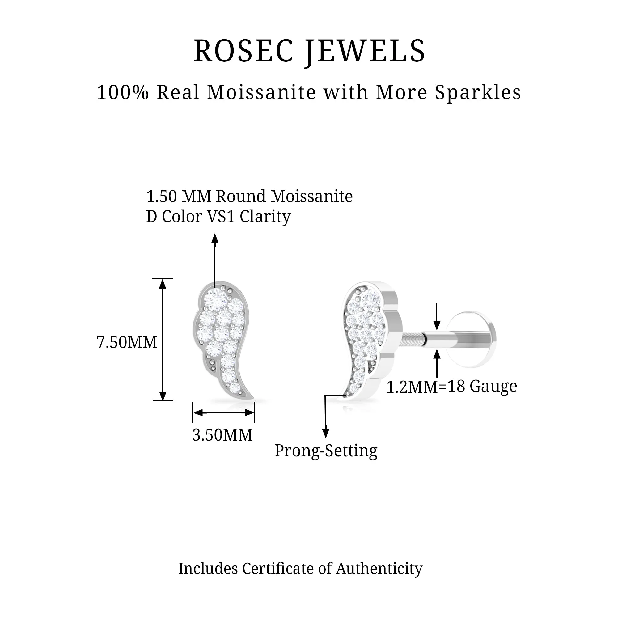 Minimal Moissanite Gold Wing Earring for Cartilage Piercing