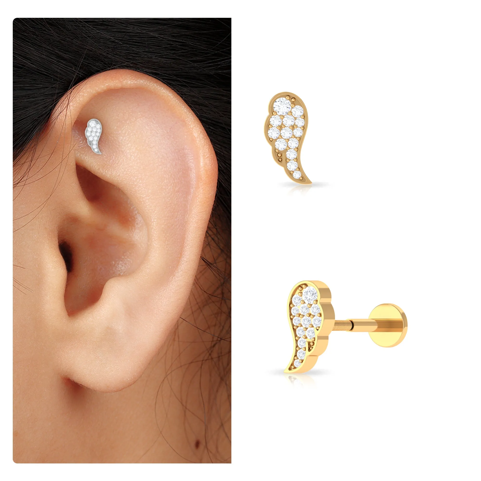 Minimal Moissanite Gold Wing Earring for Cartilage Piercing