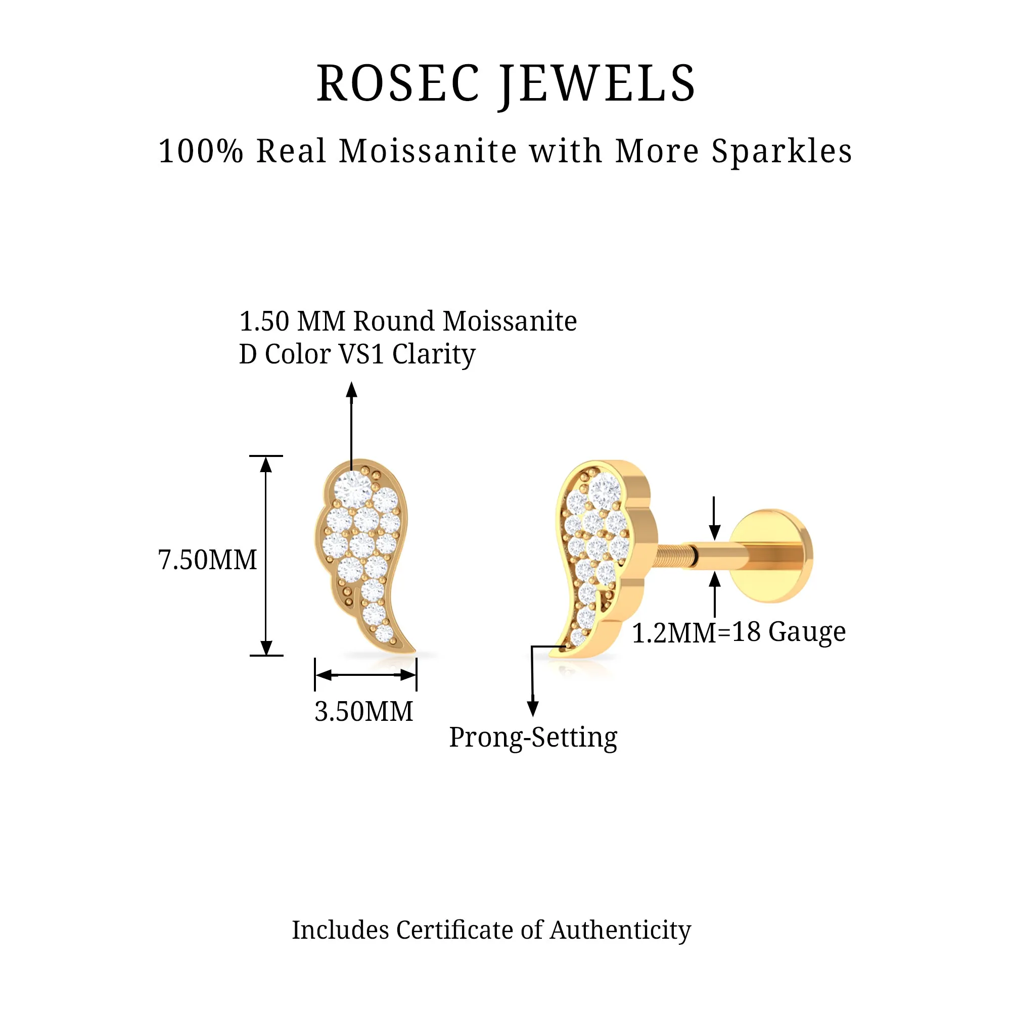 Minimal Moissanite Gold Wing Earring for Cartilage Piercing