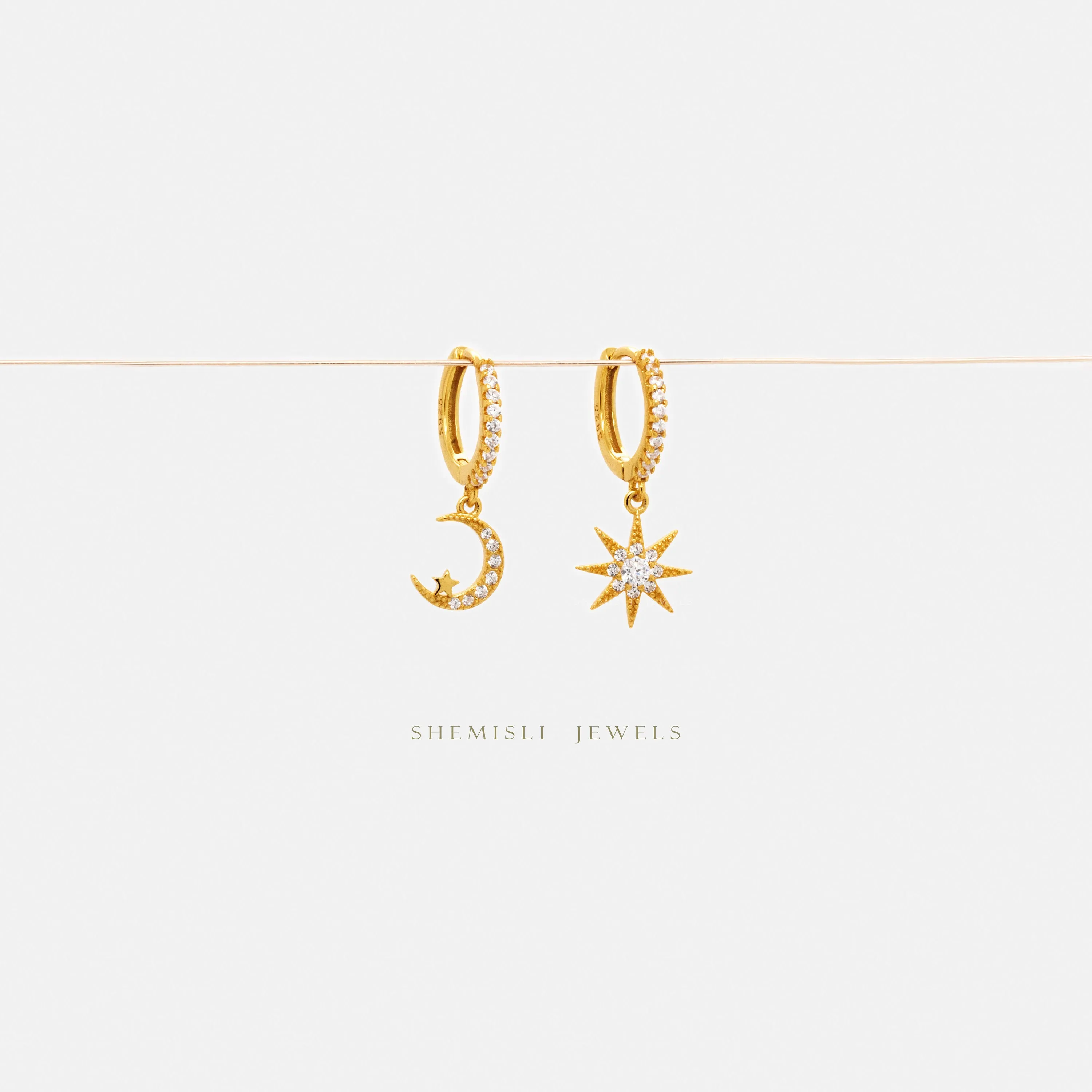 Mismatched Star Moon Hoop Earrings, Pave CZ Drop Huggies, Unisex, Gold, Silver SHEMISLI - SH216