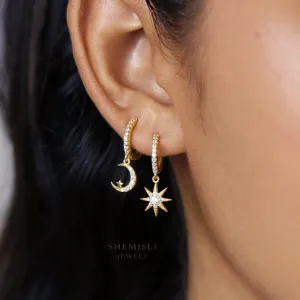 Mismatched Star Moon Hoop Earrings, Pave CZ Drop Huggies, Unisex, Gold, Silver SHEMISLI - SH216