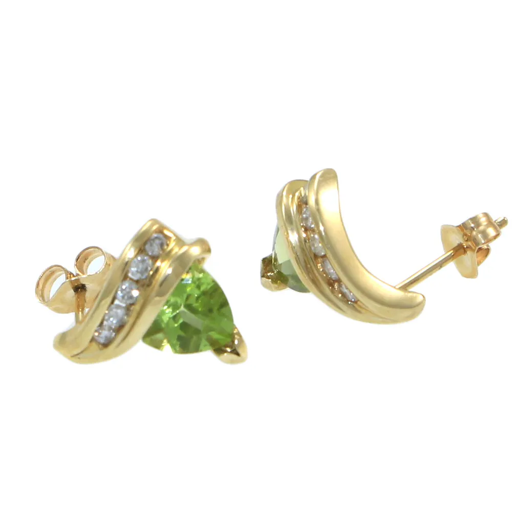 Modern 14k Yellow Gold 1.52ct Trillion Peridot .25ct Diamond Stud Earrings